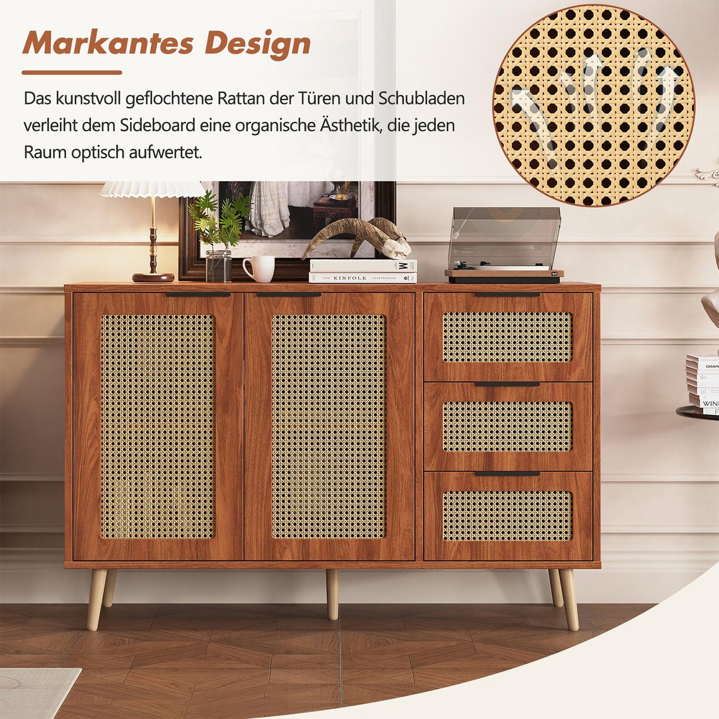 Meuble de Rangement, Buffet de Cuisine avec 2 Portes et 3 Tiroirs, Armoire de Salon Conception de Tissage en Rotin, Étagère Rangement Étagères Réglables, Poignée en Métal Peint, 120x38x78cm
