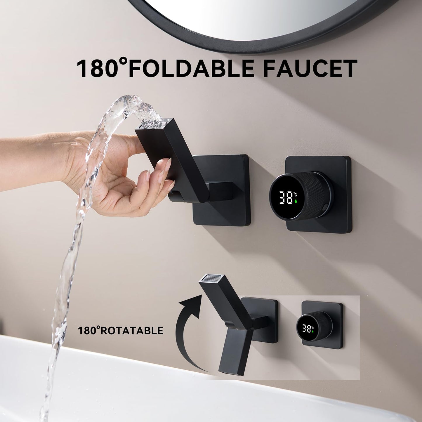 Robinet De Salle De Bain Avec Affichage Numérique LED, Robinet Lavabo Mural Pliable À 180° Mitigeur De Lavabo Robinets Cascade De Baignoire Avec L’Eau Froide & Chaude