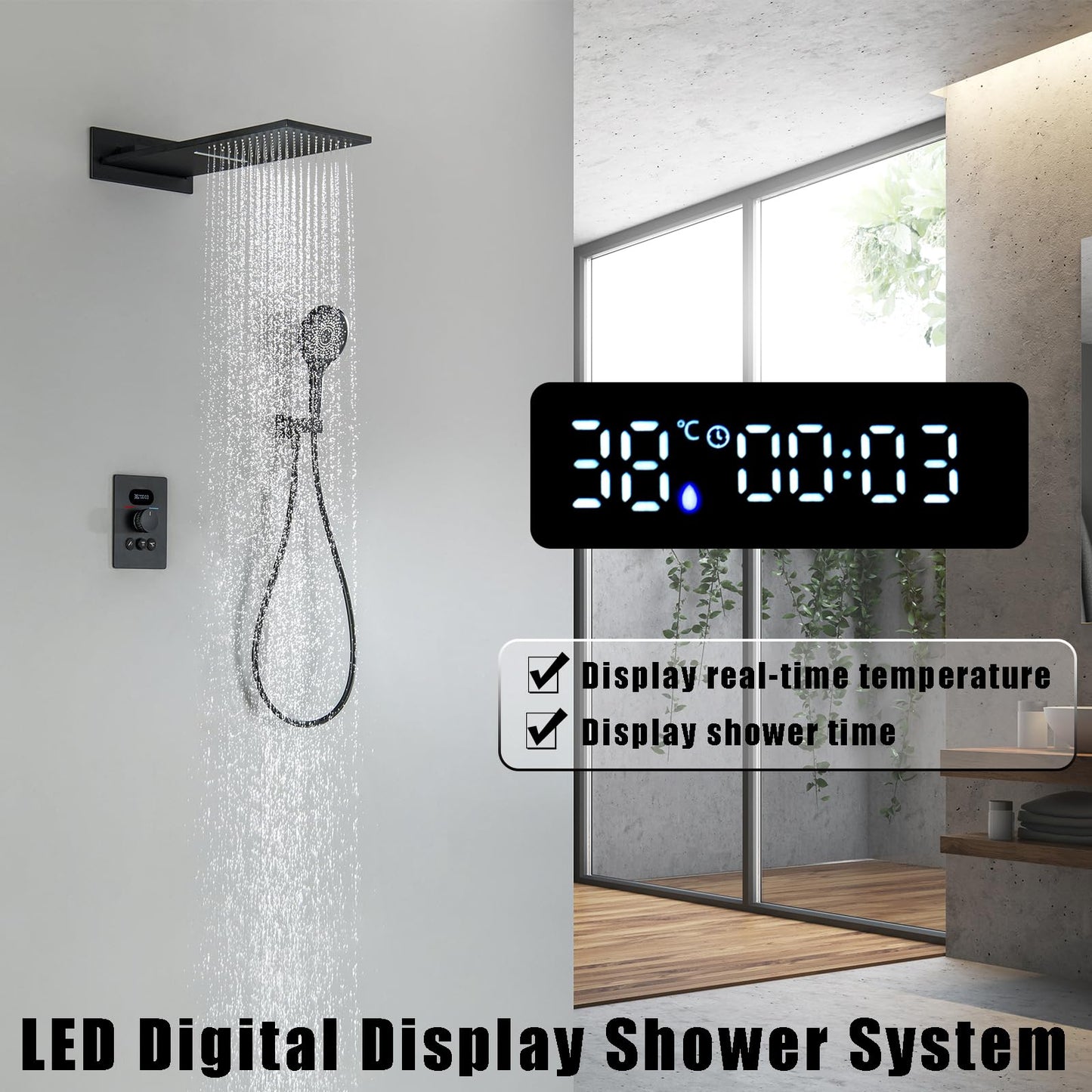 OihPaw Colonne de Douche Thermostatique Douche Encastrable Affichage Numérique Colonne de Douche Encastrable Noir Ensemble de Douche avec 3 Fonctions Pommeau de Douche,Douchette
