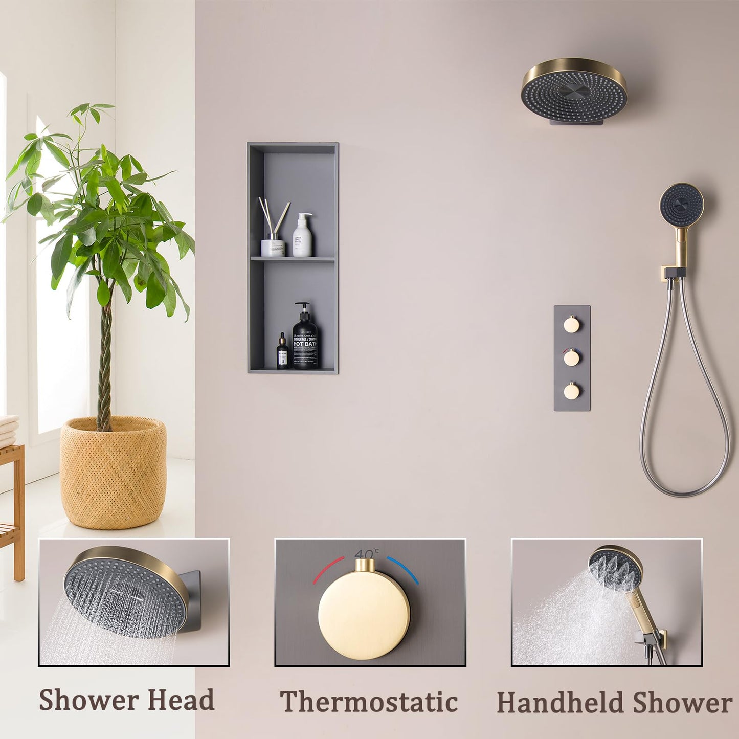 Colonne de Douche Thermostatique, Gris Pistolet et Or Brossé Colonne Douche Encastrable 2 Fonctions Ensemble de Douche Mural Kit de Douche avec Pommeau de Douche et Douchette