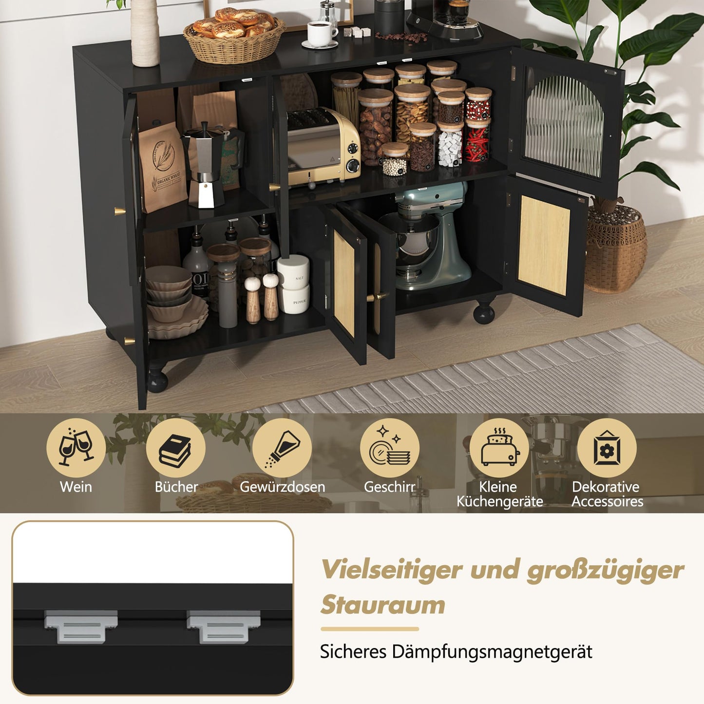 SHUGUANG 120 x 40 x 90 cm Buffet Cuisine, Armoire de Cuisine avec 3 Longues Portes Vitrées au Design Arc-en-Ciel et 4 Portes à Clés Piano, Buffet Moderne à Cuisine, Salon, Salle à Manger
