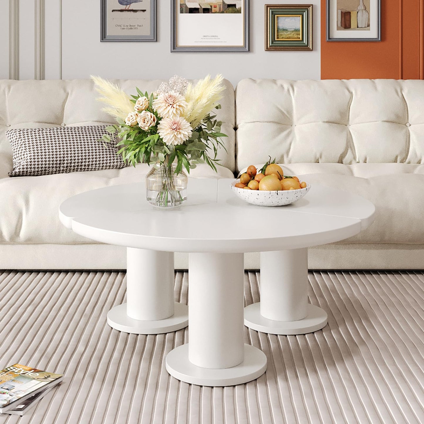 Peiaw Table Basse,Table de Salon,Table Basse Minimaliste Moderne,Table Basse Ronde,Table Basse de Salon Blanche,Colonne de Support cylindrique,Table Basse diamètre 100 cm, Hauteur 40 cm
