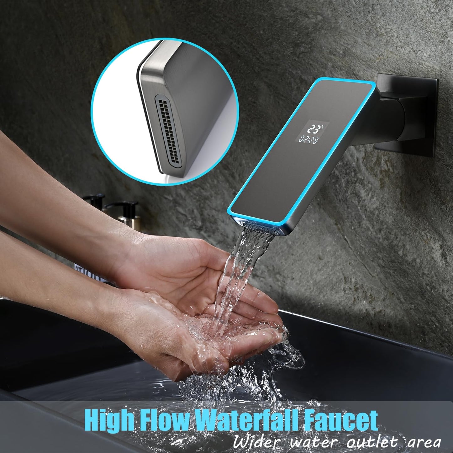 Robinet Lavabo Cascade Salle de Bains Montage Mural avec Affichage de la Température LED, Robinet Mitigeur Lavabo Encastré Cascade Bec Extra-large, Robinet Lavabo en Laiton Murale