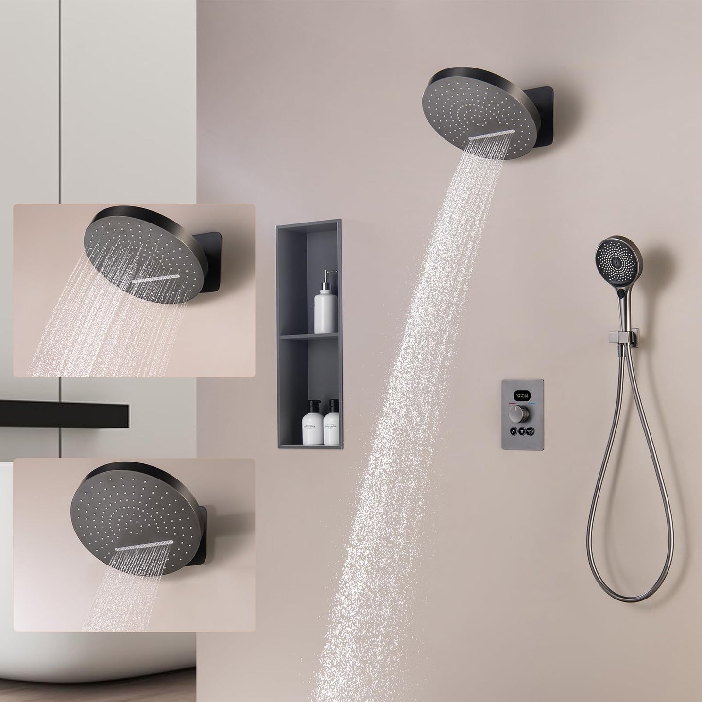 OihPaw Ensemble de Douche Encastré Colonne Douche Thermostatique Gris Système de Douche avec Affichage Numérique LED, 32CM Cascade et Pluie Tête de Douche Rond