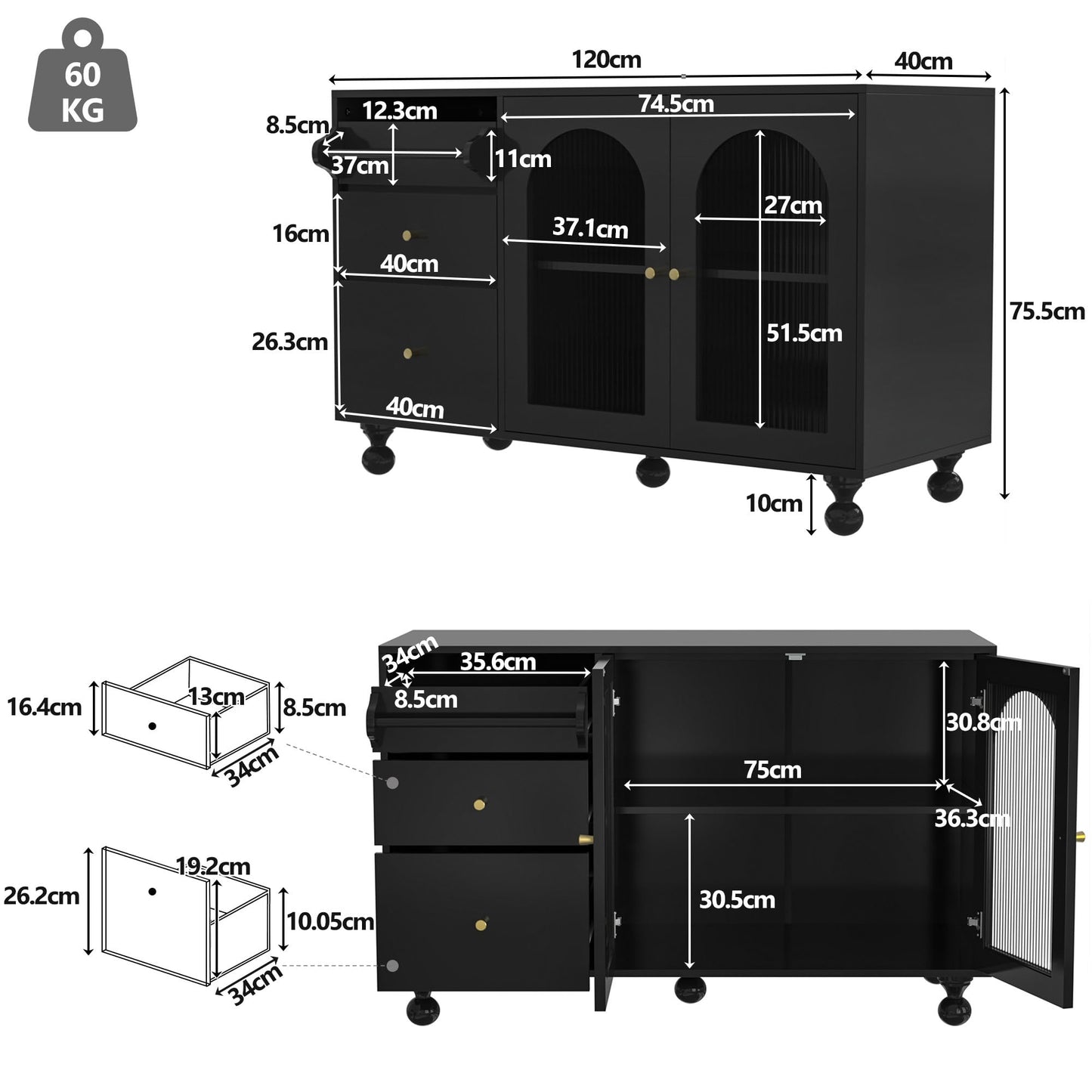 120 x 40 x 75.5 cm Noir Bahut de Salle a Manger, Armoire de Cuisine avec 3 Tiroirs et 2 Porte D'armoire Vitrée et Porte-Serviettes, Armoire de Rangement Polyvalente à Cuisine, Salon, Salle à Manger