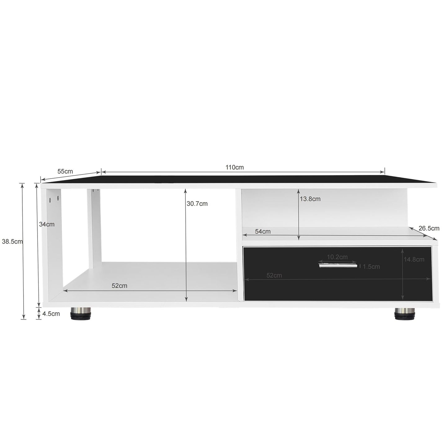 Table basse,Table basse salon,Table basse blanche et noire,Table basse LED moderne,Avec plateau noir brillant,Avec espace de rangement,Table basse avec deux tiroirs,Table basse 110 x 38,5 x 55 cm
