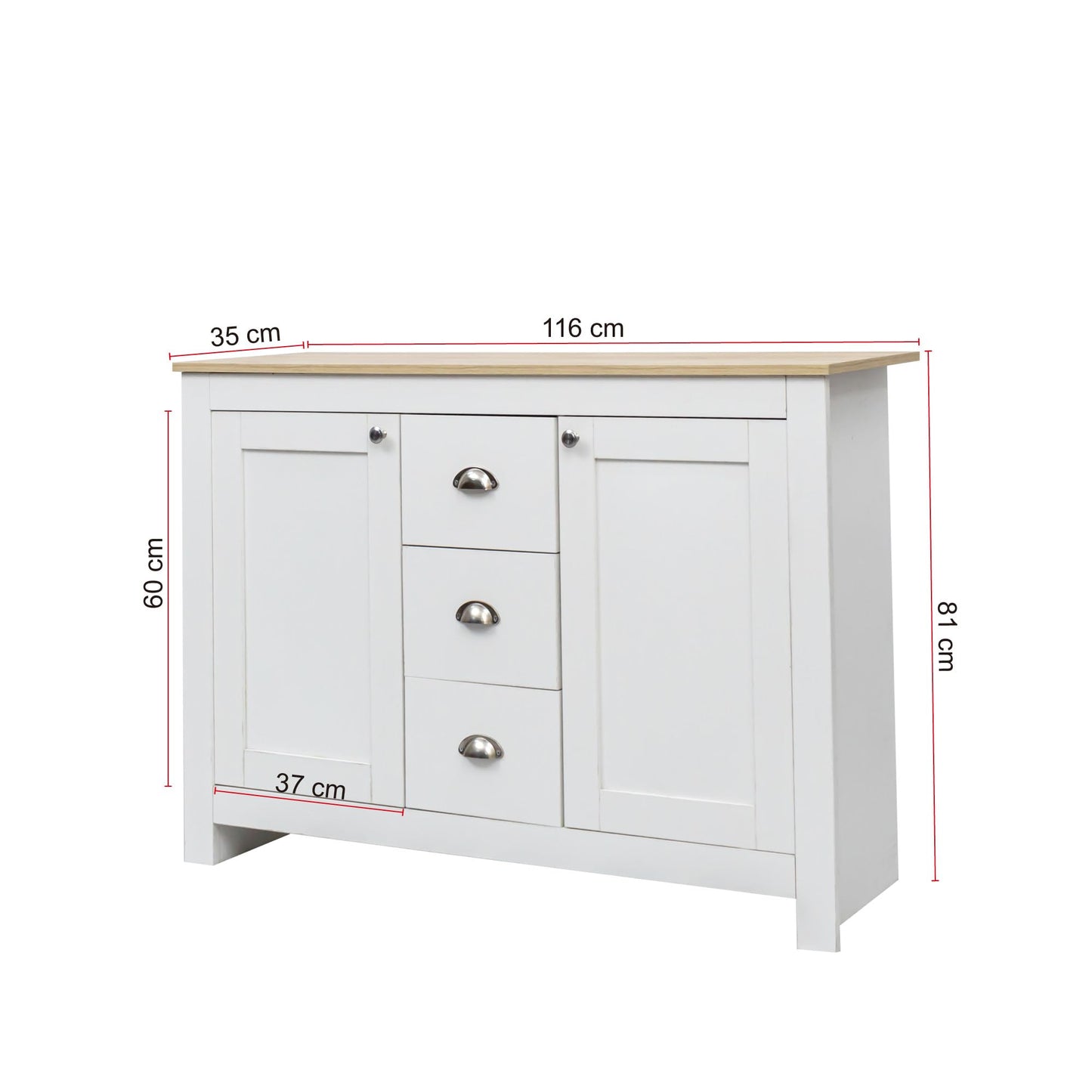 Buffet Bois Blanc Chaud avec 2 Portes et 3 Tiroirs, Meuble Buffet Simple et Élégant, Poignées Argentées, Étagère Réglable, Charnières à Fermeture Douce, pour Salon, Cuisine, Entrée, 116x35x81 cm