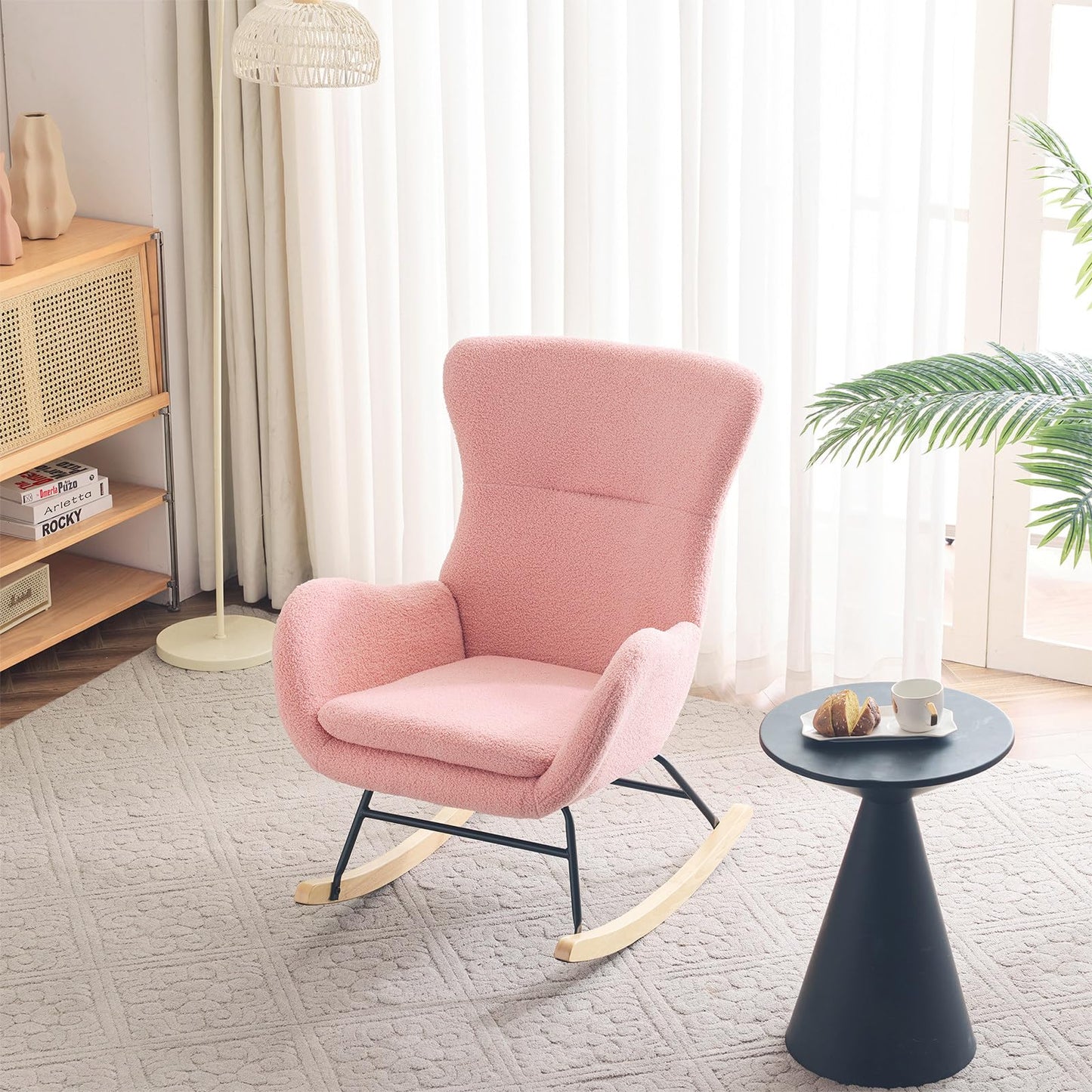 Fauteuil à Bascule, Allaitement Rocking Chair Épaissir Rembourré, Scandinave Velours Peluche Chaise Loisir avec Pieds en Bois Massif, Capacité 150 kg, pour Salon, Chambre, Balcon, 96x68x90cm