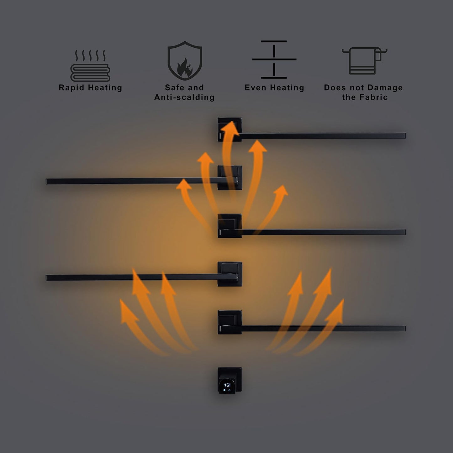 Schwarzer elektrischer Handtuchhalter, intelligenter WiFi-elektrischer Handtuchtrockner mit Timer, 45–60 °C, 5 Stangen, 180° drehbarer Handtuchwärmer, Heizkörper, Edelstahl, verkabelt, Wandmontage