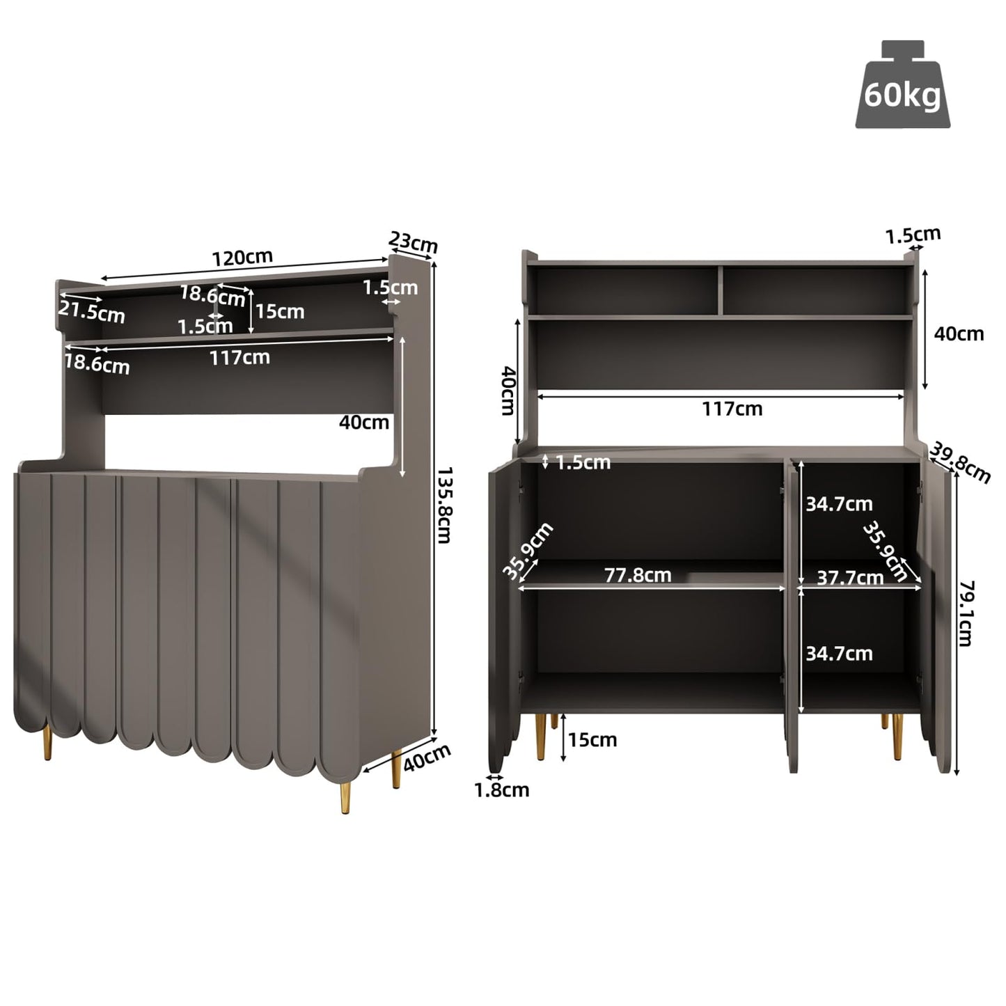 Peiaw Buffet,Meuble de Rangement Gris,Placard,Bibliothèque,Buffet à 3 Portes,Buffet avec Pieds cylindriques dorés,120 x 40 x 151 cm,Convient pour Le Bureau du Salon de la Cuisine