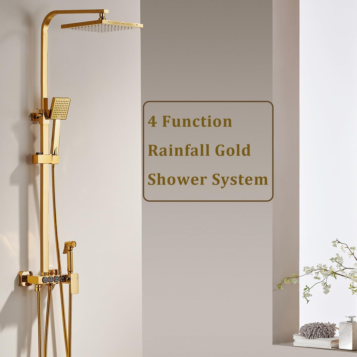 Colonne de Douche D'or Système de Douche Montage Mural Ensemble de Douche avec 22cm * 22cm Tête de Douche, Douchette à Mains, Robinet de Baignoire, Bidet Pulvérisateur