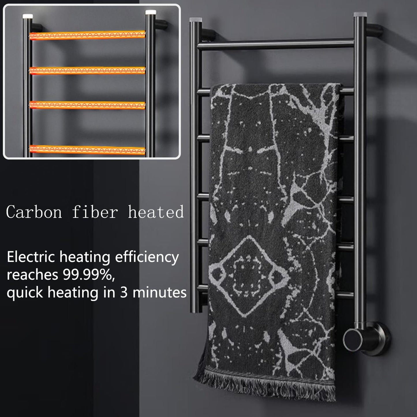 Sèche-Serviette Électrique Mural 36W Porte-Serviettes Chauffant Électrique avec Veilleuse à Capteur 50x79 cm Gris Radiateur de Salle de Bain avec Écran Tactile LED