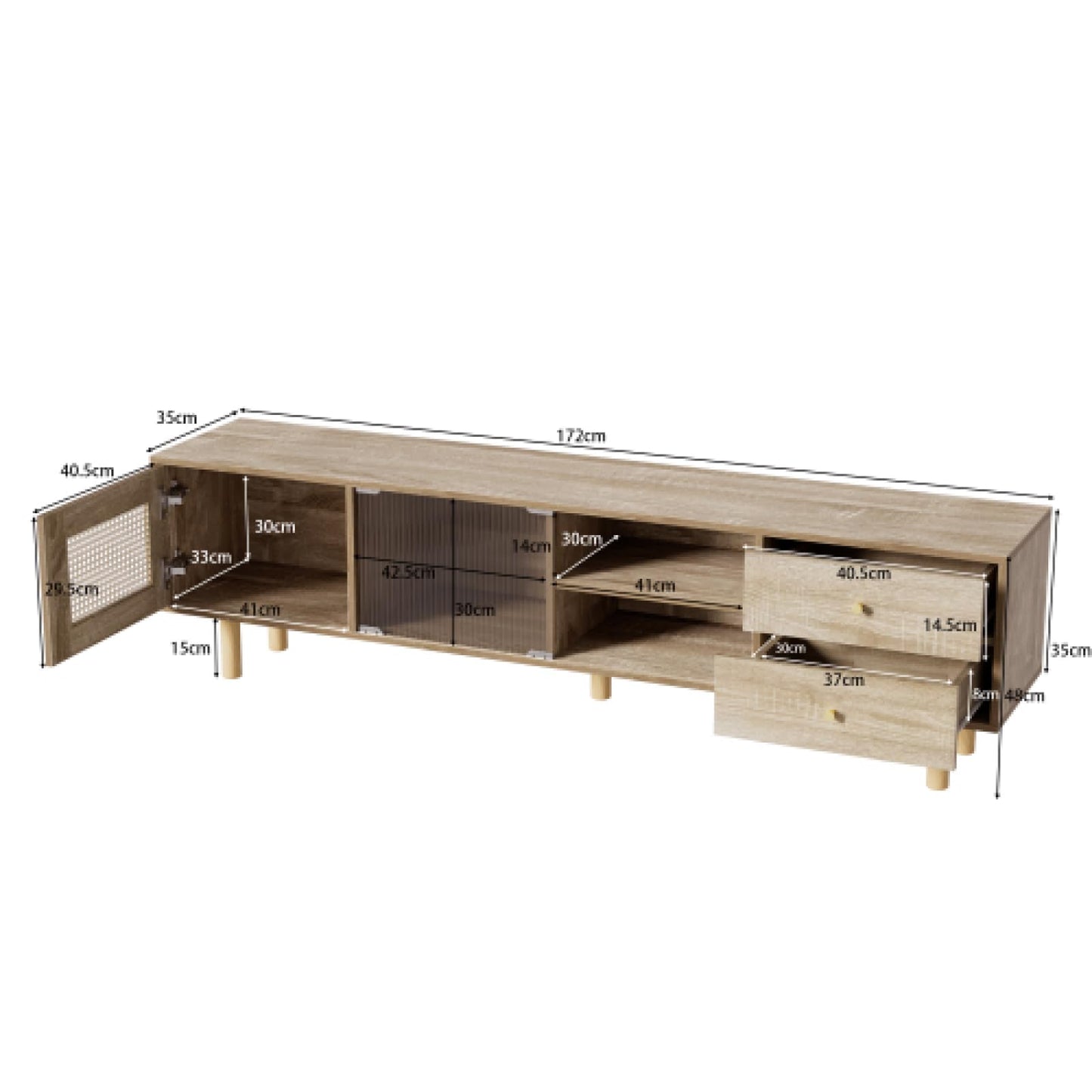 Meuble TV,Meuble TV avec Porte en rotin,Meuble TV en Bois avec Porte coulissante en Verre,Table TV, Banc TV avec Deux tiroirs,Meuble TV avec cloisons Ouvertes,Meuble TV Salon Dimensions 172x35x48cm