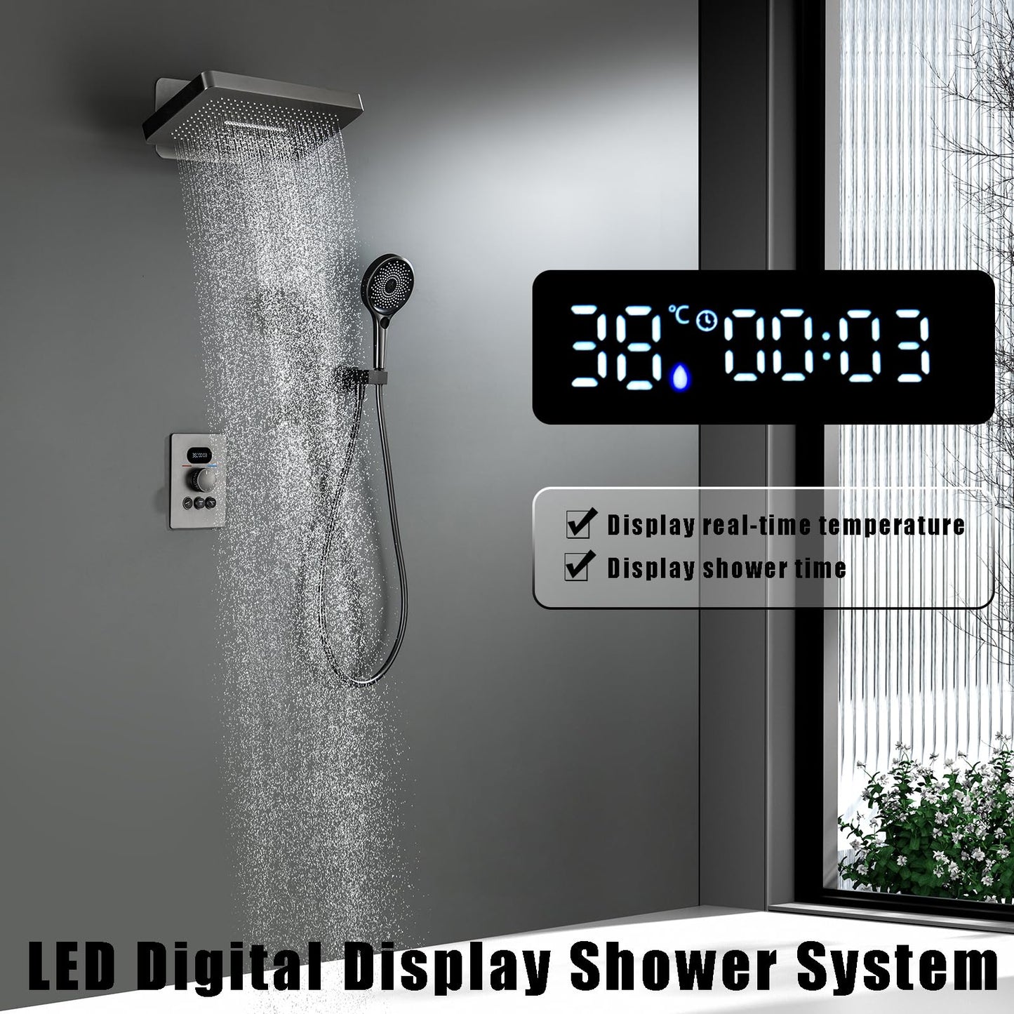 OihPaw Colonne de Douche Thermostatique Douche Encastrable Affichage Numérique Colonne de Douche Encastrable Gris Pistolet Ensemble de Douche avec Pommeau de Douche,Douchette