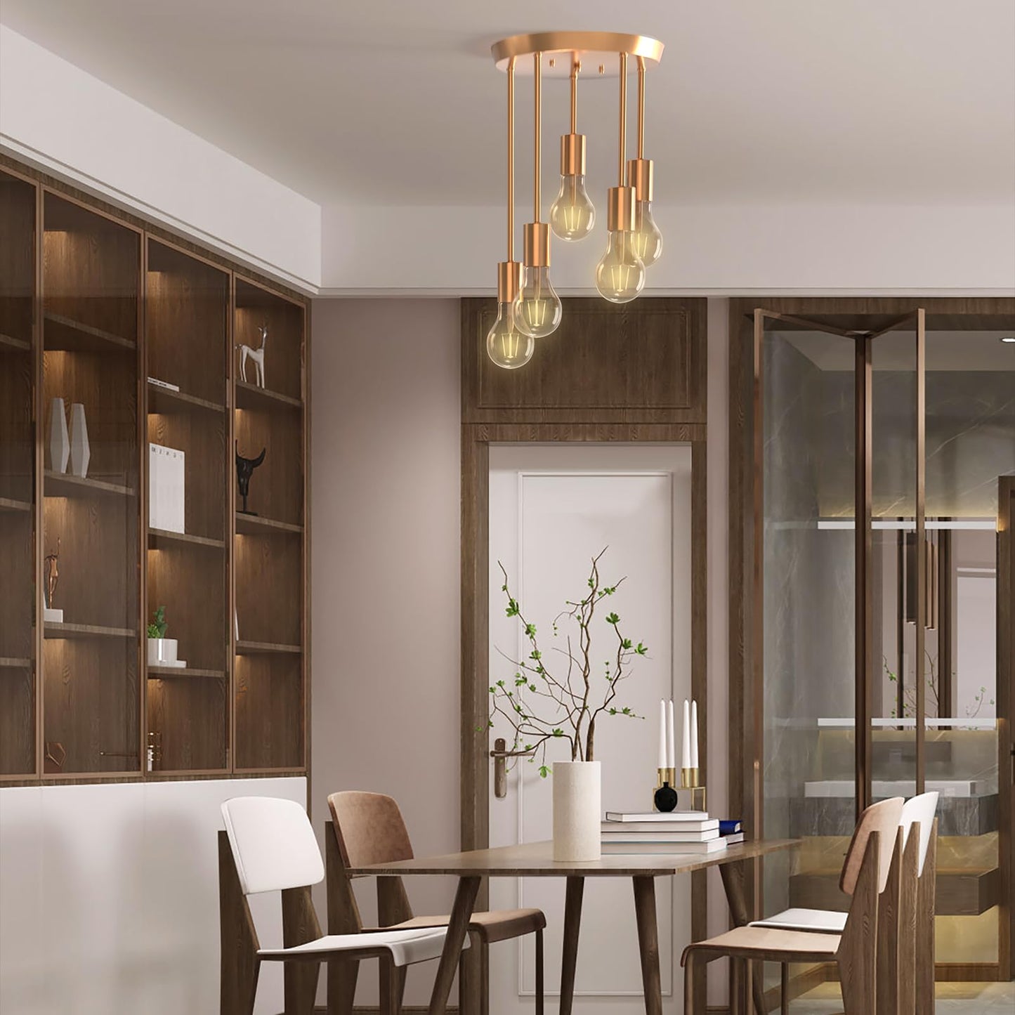 Plafonnier vintage doré à 5 ampoules LED E27 - Pour salle à manger, cuisine, salon, bar, restaurant (doré)