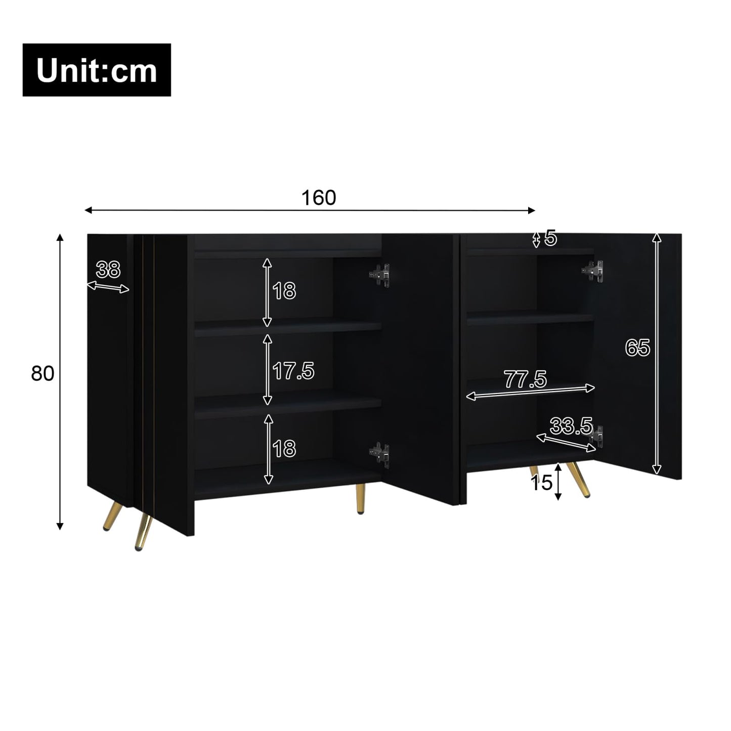 Buffet cuisine,Armoire multifonctionnelle,meuble de salon noir,Buffet moderne en bois,Buffet 4 portes,pieds dorés,bande de métal doré,Salon cuisine salle à manger meuble de rangement 160x38x80 cm