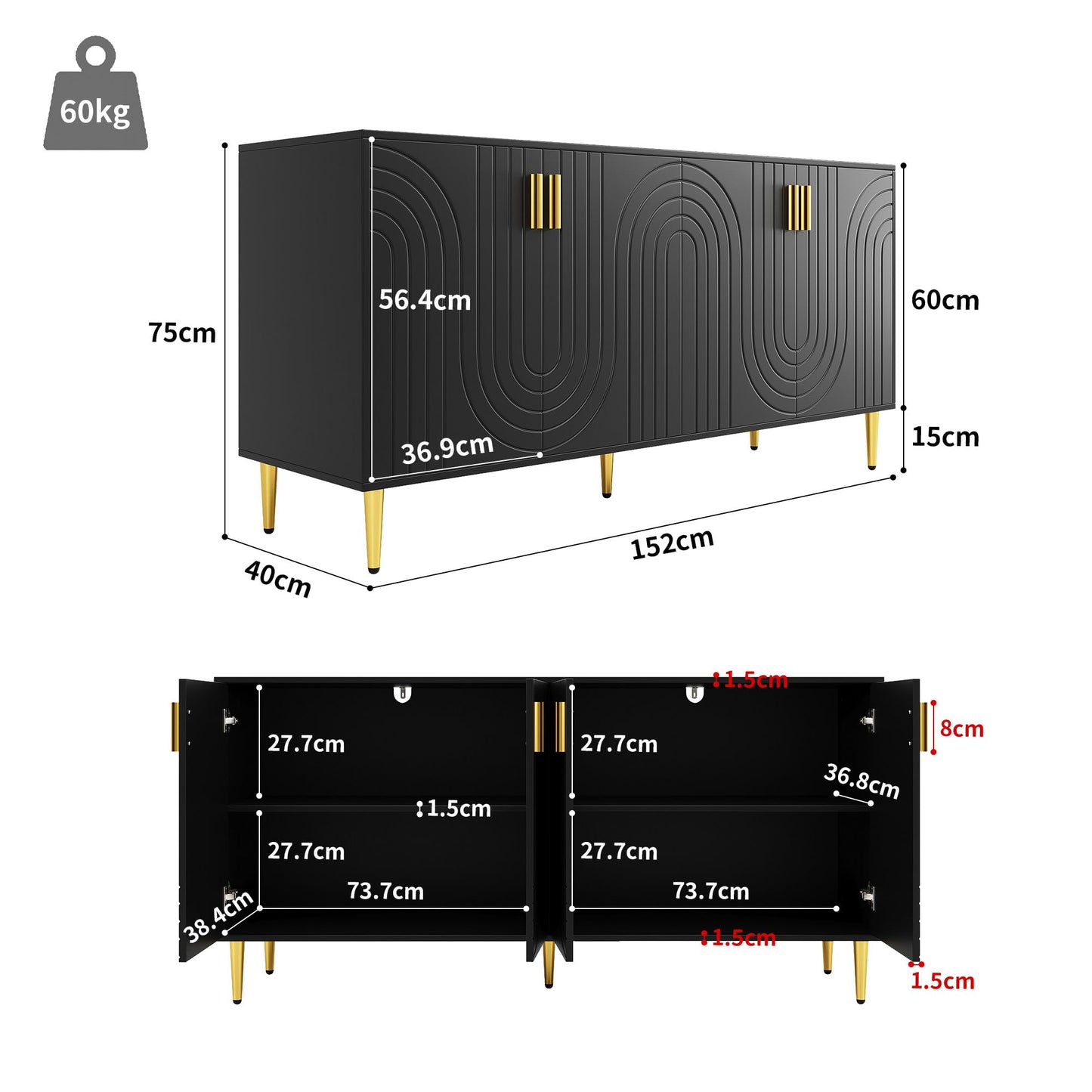 SHUGUANG Buffet Salon (152 x 40 x 75 cm), Meuble de Rangement Moderne et Simple avec Un Design Ondulé Unique, Poignées et Pieds Dorés, pour Une Salle à Manger élégante et Une Chambre à Coucher