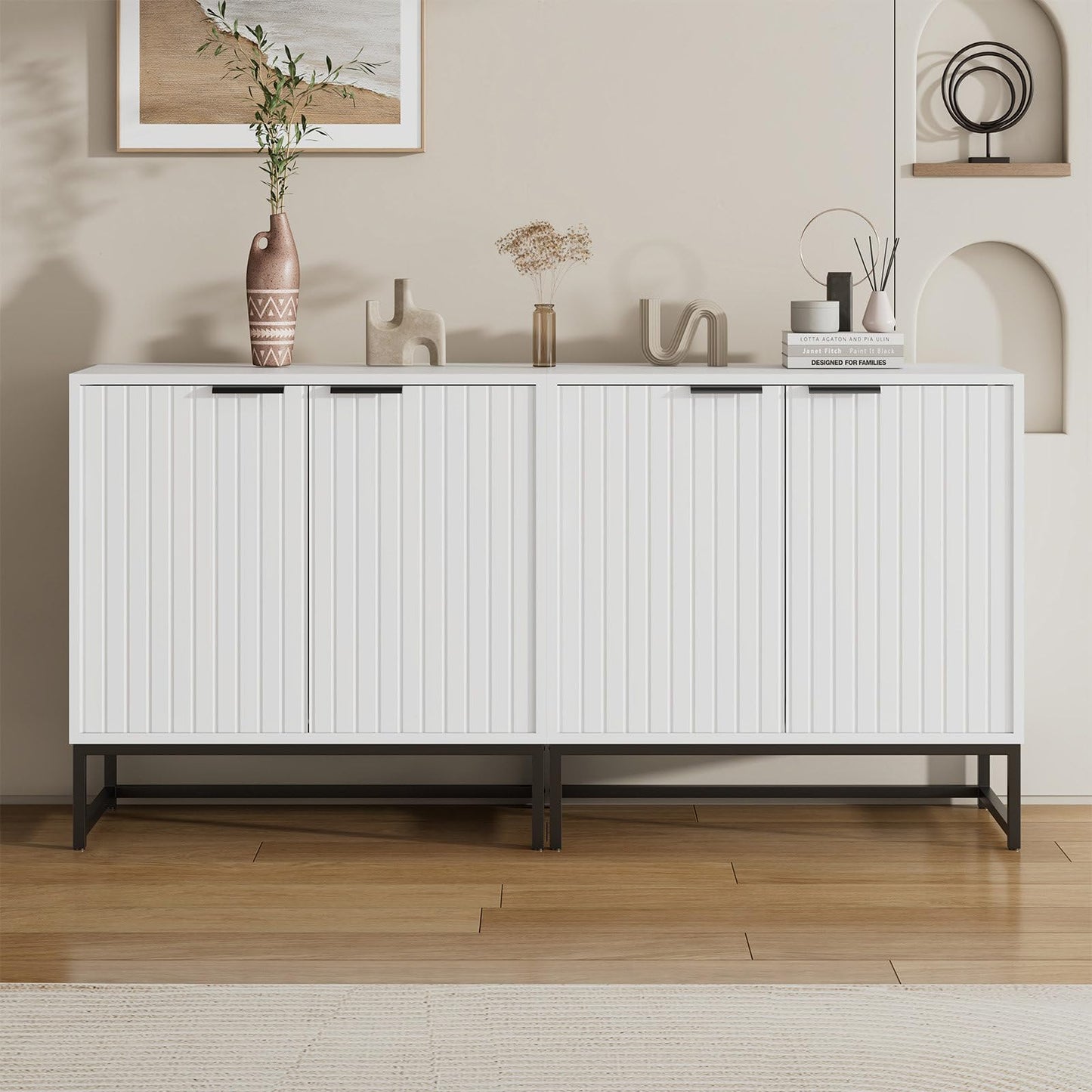 Sideboard mit 4 Türen, Küchenschrank Style Moderne, Schubladenschrank Hohe Tragfähigkeit, Mehrzweckschrank mit Metallgriffen und Rahmenbeinen, Kratzfeste Fußmatten, 160 x 80.5 x 40 cm (B/H/T)