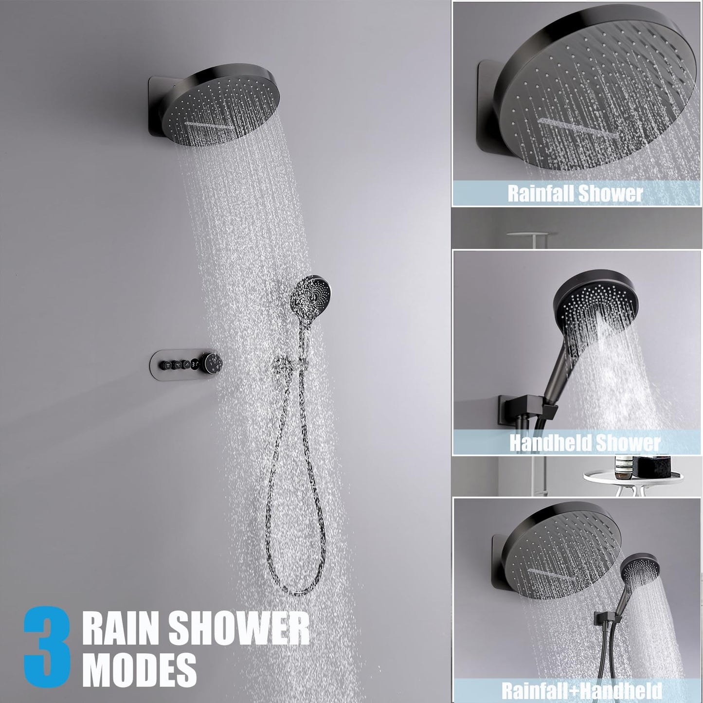 OihPaw Colonne de Douche Noir Thermostatique Encastrable,Ensemble de Douche Mural Affichage Numérique,Système de Douche Encastré avec Douchette 3 Modes et 32cm Douche de Tête