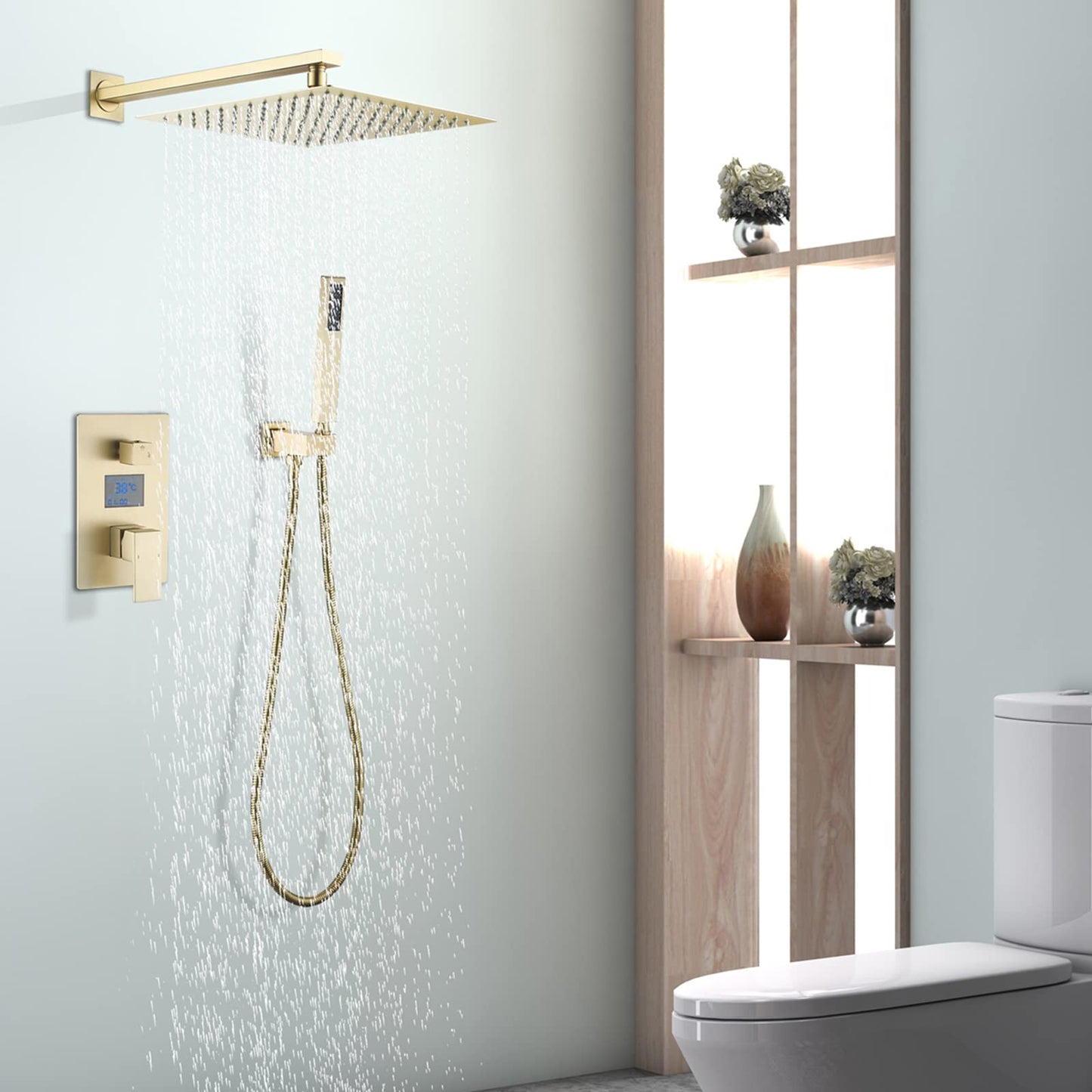 Colonne de Douche Dorée Brossé Ensemble de Douche Encastrable Système de Douche Mural Colonne Douche avec Affichage Numérique, 30 cm * 30 cm Tête de Douche, Douchette à Mains