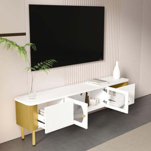 Meuble TV, Meuble TV avec tiroirs et armoires de Rangement, Panneaux latéraux et Pieds dorés, Porte d'armoire en Verre texturé, Meuble TV de Salon Blanc, Longueur 170 cm, Largeur 34 cm, Hauteur 45 cm