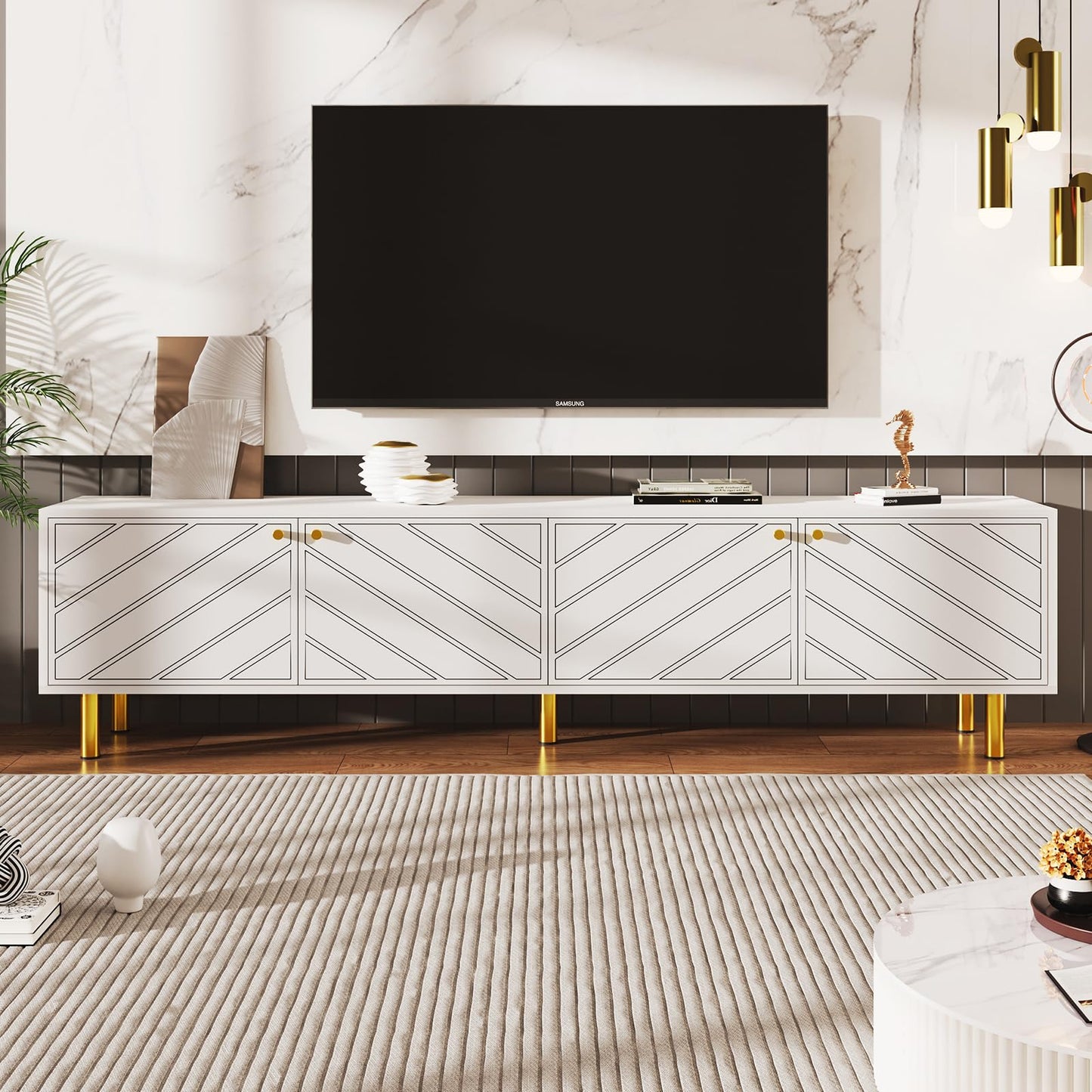 Peiaw Meuble TV,Meuble TV Blanc,Salon Chambre Meuble TV,Peut accueillir des téléviseurs jusqu'à 50 Pouces,Meuble TV à Quatre Portes,170x38x50cm,adapté aux Chambres et aux Salons.