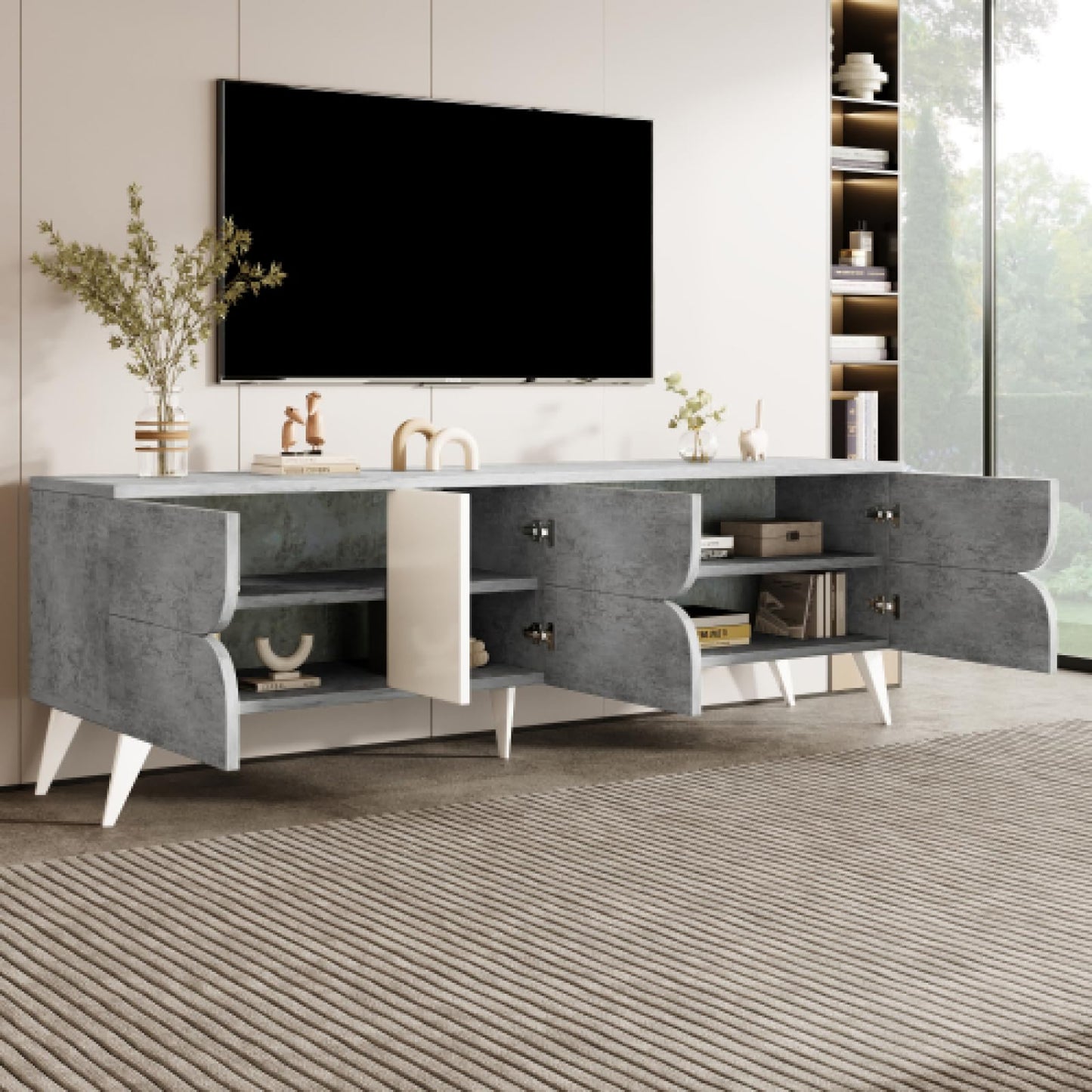 Meuble TV, Gris Ciment avec Meuble TV Blanc, Meuble TV à Compartiment Ouvert, Banc TV jusqu'à 50-59 Pouces, Meuble TV avec Portes d'armoire à Trois pétales, Taille du Meuble TV du Salon 160X40X51cm