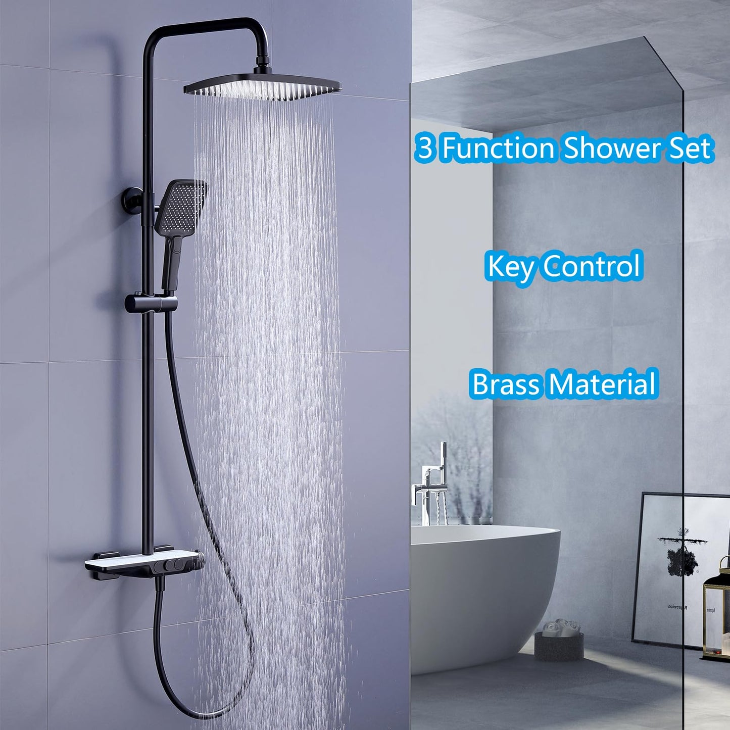 Colonne de Douche Thermostatique Mitigeur en Laiton Système de Douche avec 32 * 20CM Pommeau de Douche, Douchette 3 Fonctions, Robinet de Baignoire Ensemble de Douche Mural (Noir et Blanc)