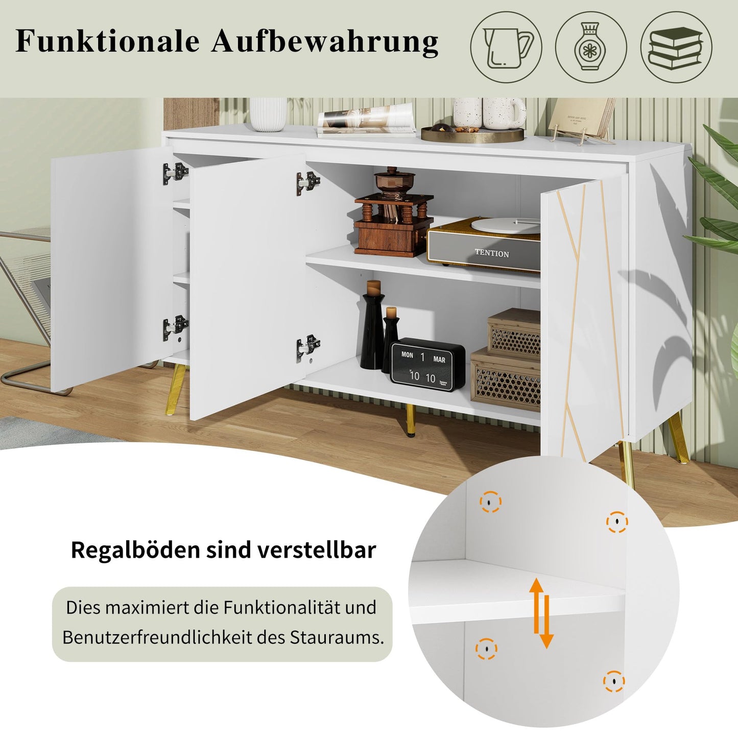 Buffet de Style Moderne au Design Unique Bahut avec 3 Portes, Sans Poignées, Armoire Latérale de Salon, Meuble Buffet de Cuisine, Armoire de Rangement pour Salle à Manger, Entrée (Blanc/Noir)