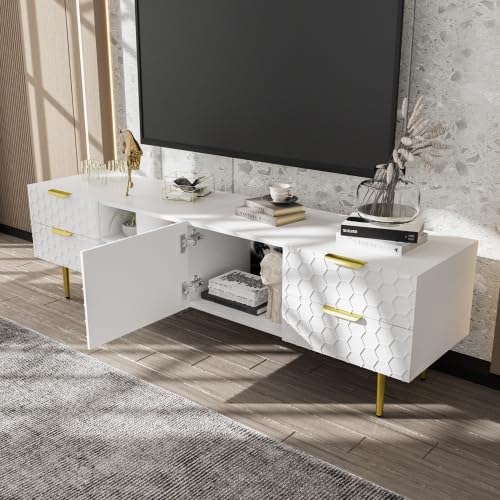 Meuble TV,meuble TV blanc avec structure en maille,table TV, meuble TV de salon,meuble TV,meuble TV peut contenir 70 à 79 pouces,le meuble TV mesure 170 cm de long,40,3 cm de large et 49,9 cm de haut.