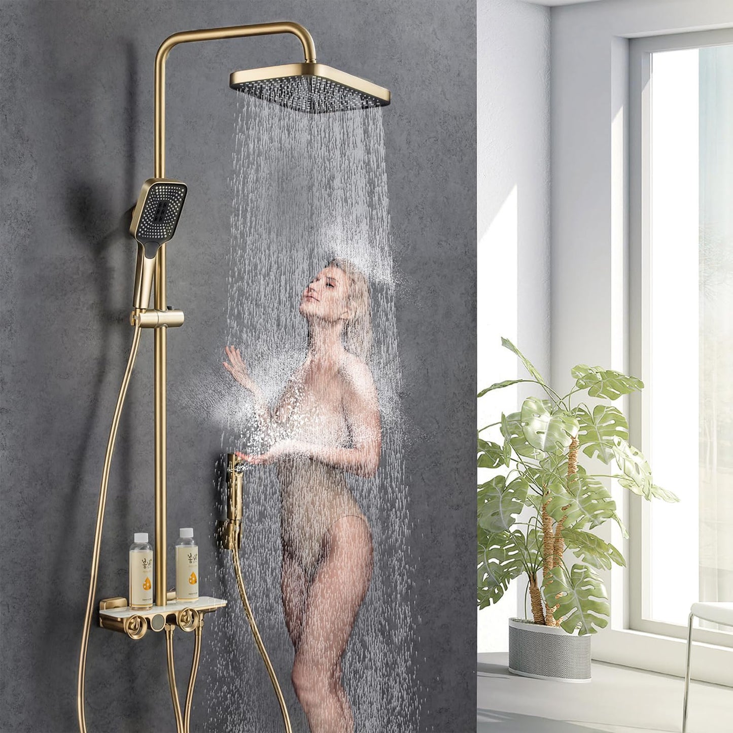 Colonne De Douche Thermostatique, Ensemble De Douche à Affichage NuméRique LED, Pomme De Douche 13 Pouces, Corps en Laiton, RéGlable en Hauteur, Pistolet Booster, avec Mitigeur Bain Encastré