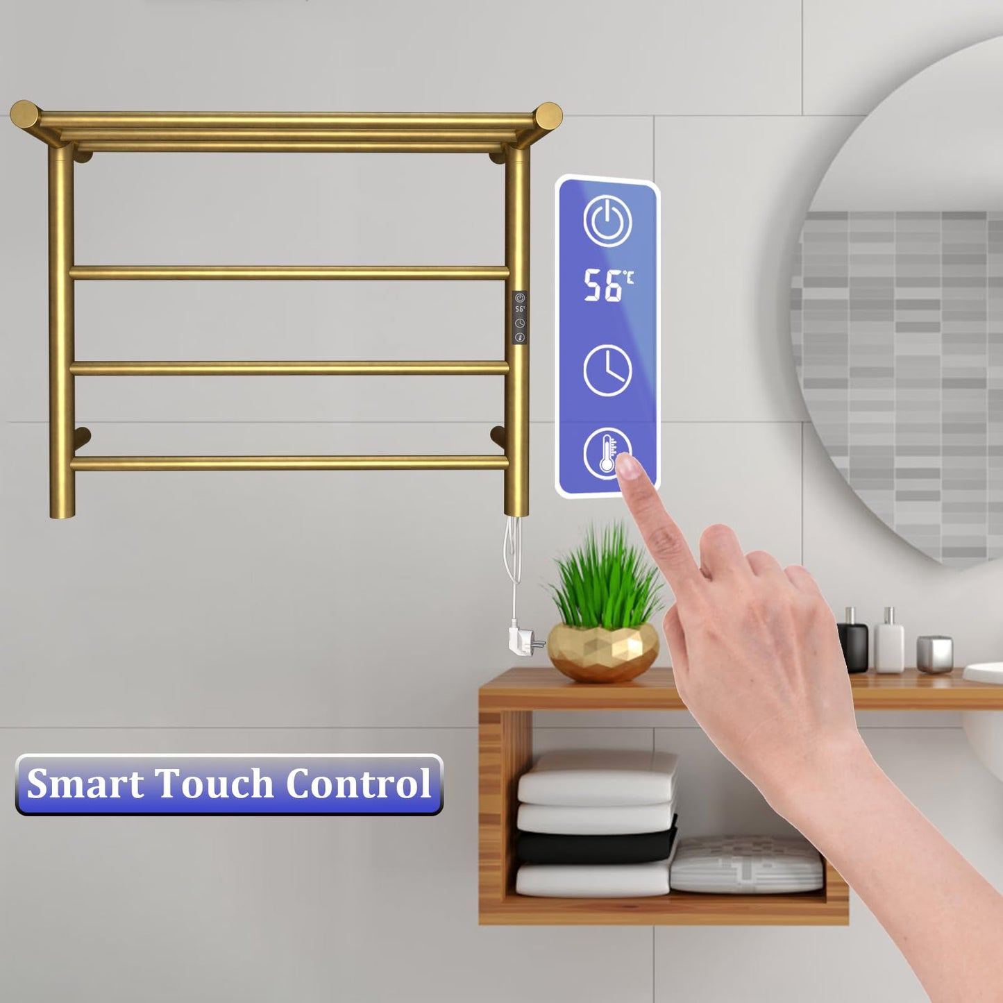 OihPaw Sèche-Serviette Électrique Or, 45 W Chauffe-Serviettes 612×500 mm WiFi Intelligent Porte-Serviettes Chauffant Électrique Mural Commande Tactile à LED