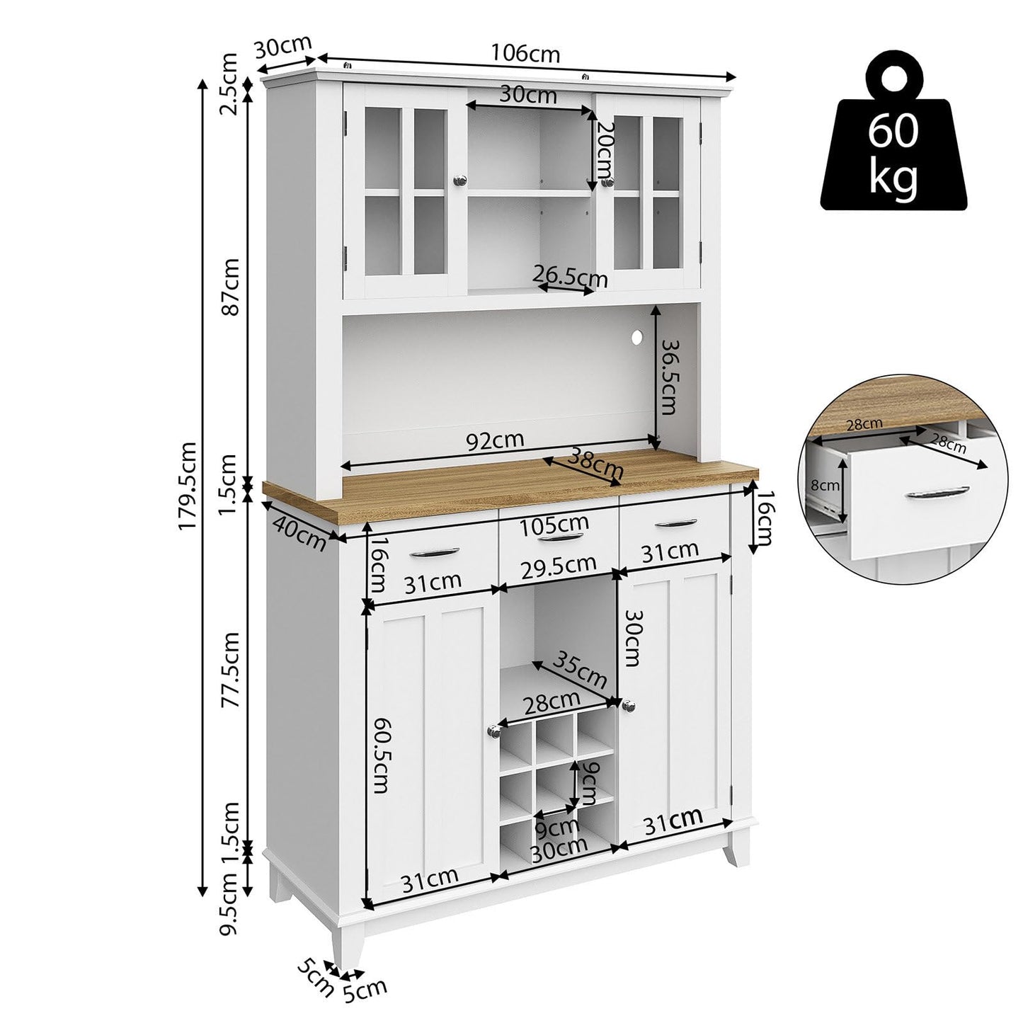 Buffet de Cuisine avec Éclairage LED, Armoire de Cuisine Anti-Basculement, Meuble Cuisine Rangement Étagères Réglables, Bibliothèque avec Poignée en Alliage D'aluminium, 106 x 40 x 179.5 cm