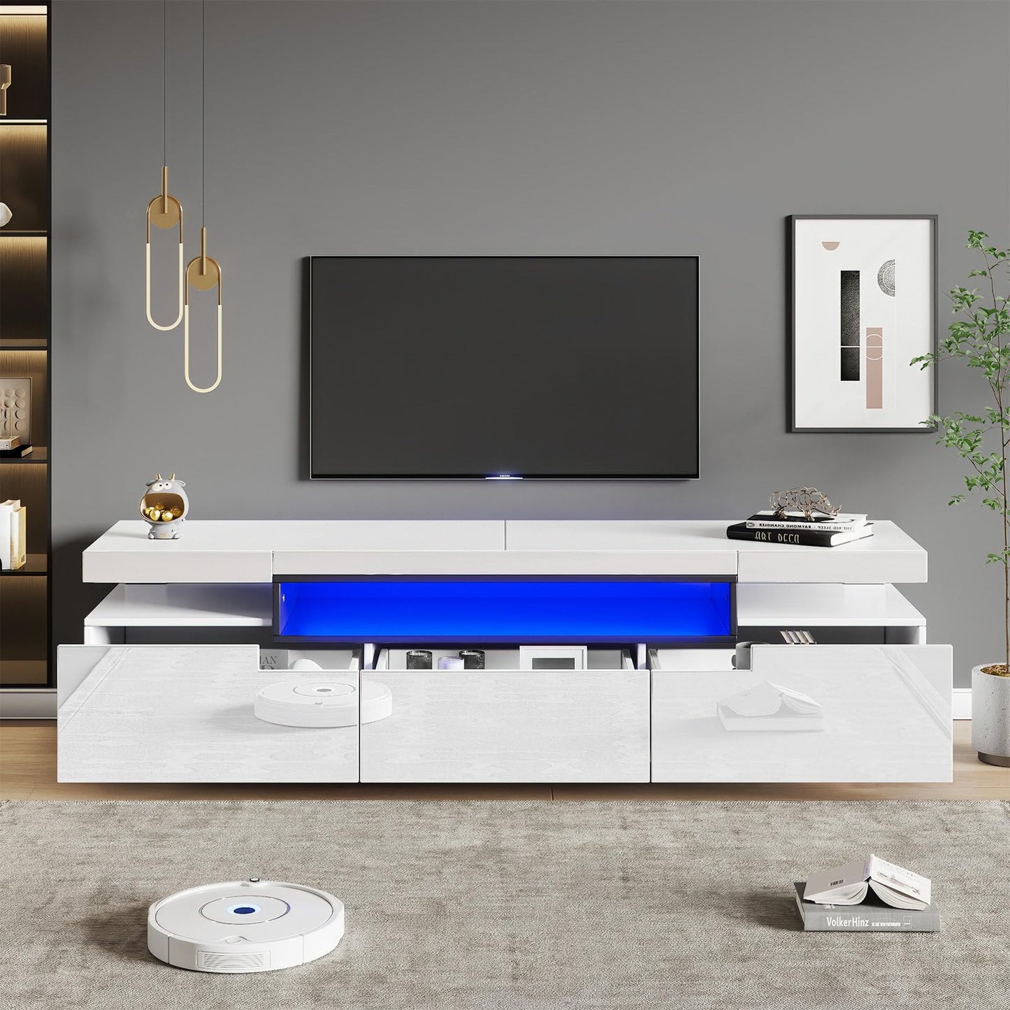 Meuble TV de 160 cm - Peut accueillir des téléviseurs de 70 à 79 pouces - Avec éclairage LED 16 couleurs - Design brillant élégant avec 3 tiroirs - Rail coulissant de qualité supérieure - 160 x 39 x