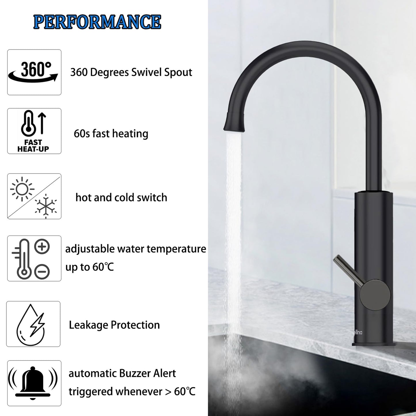 Robinet Électrique Cuisine 3200W Robinet D'eau Chauffant Avec Chauffe-eau Intégré, Robinet D'eau avec Affichage de la Température, Robinet Rotatif 360°