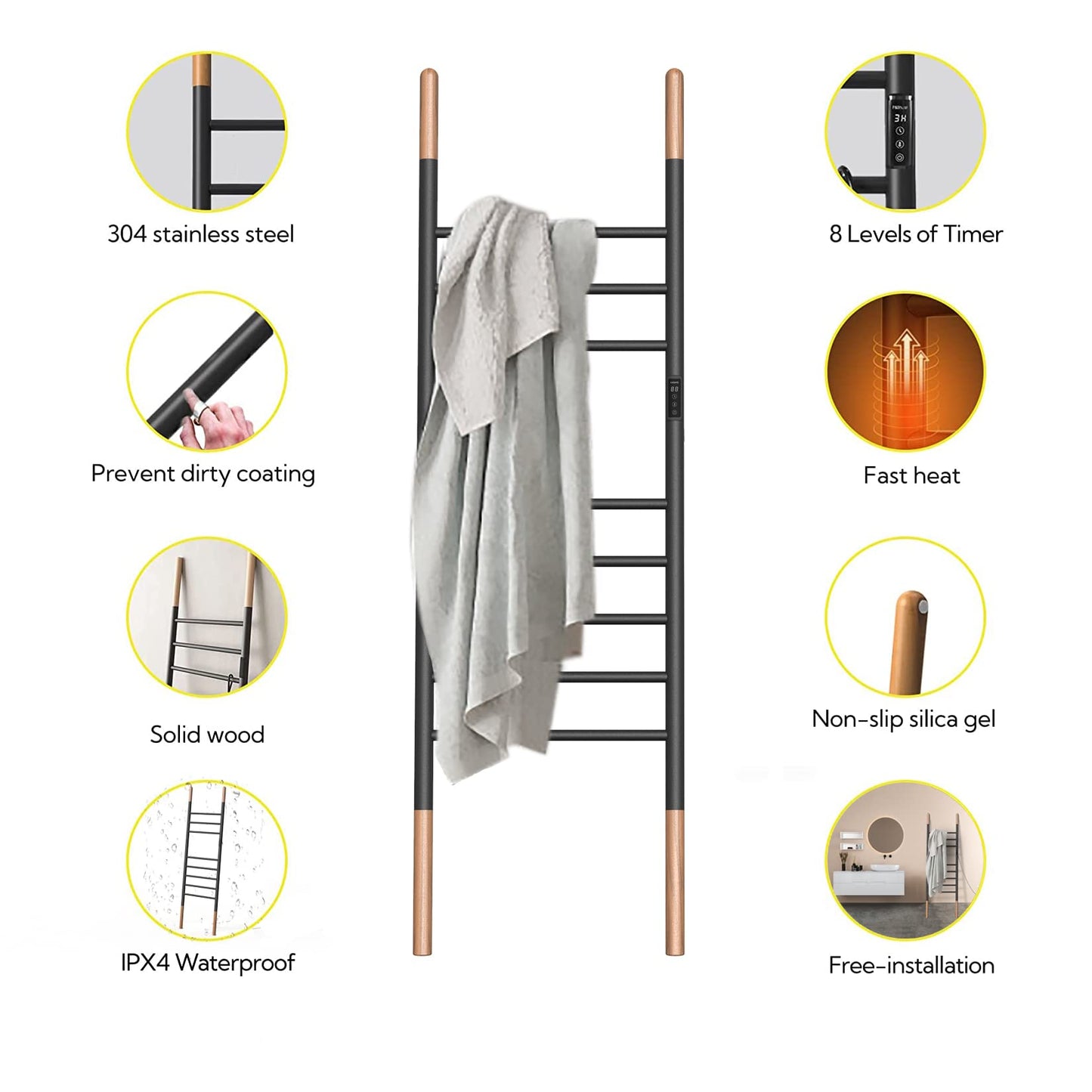 Sèche Serviettes Électrique Porte-Serviettes sur Pied, 150 * 45CM, 110W Porte Chauffe Serviettes Intelligent avec Minuterie Température Réglable, Échelle Porte Serviette Economie D'énergie