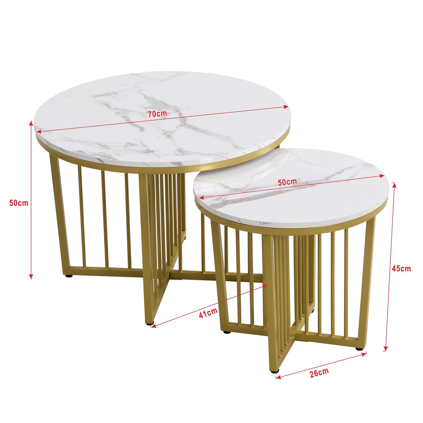 Peiaw Table Basse,Table de Salon,Table Basse Ronde,Lot de 2 Tables Basses,Table de Salon Moderne,Aspect marbre Blanc Brillant et Cadre en Acier doré,Table de Salon 70x70x50cm et 50x50x45cm