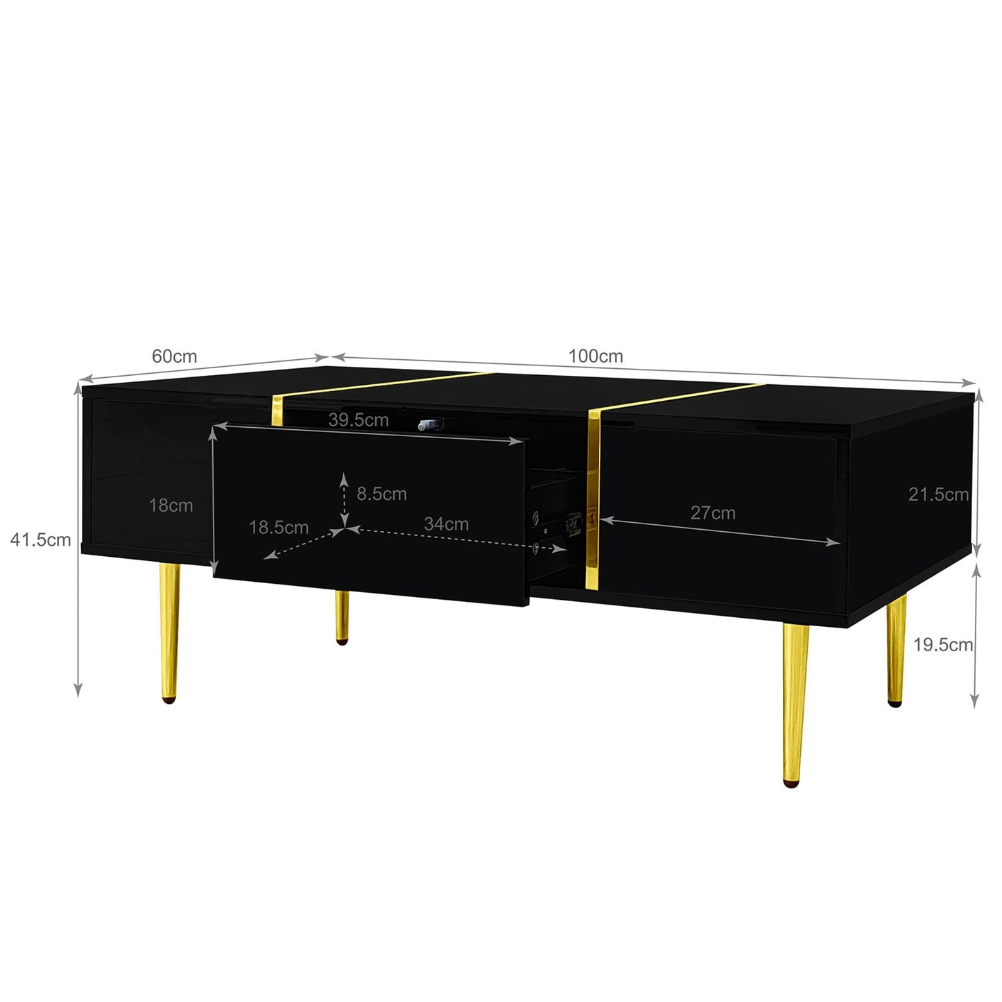 Peiaw Table Basse,Table Basse Salon,Noir Table Basse Brillante,Table Basse carrée Moderne,Table Basse avec Deux tiroirs,Pieds de Table dorés,Garde au Sol 19,5 cm,Table Basse 100 x 60 x 41,5cm