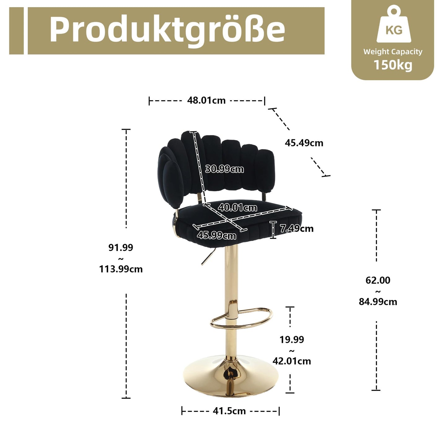 Tabouret Bar Lot de 2 Pivotants Velours Chaise de Bar à Hauteur Comptoir avec Dossier, Repose-pieds, Chaise Haute Bar Comptoir Réglables, Chaises D'îlot pour Salle à Manger, Noir/Gris/Ivoire/Émeraude