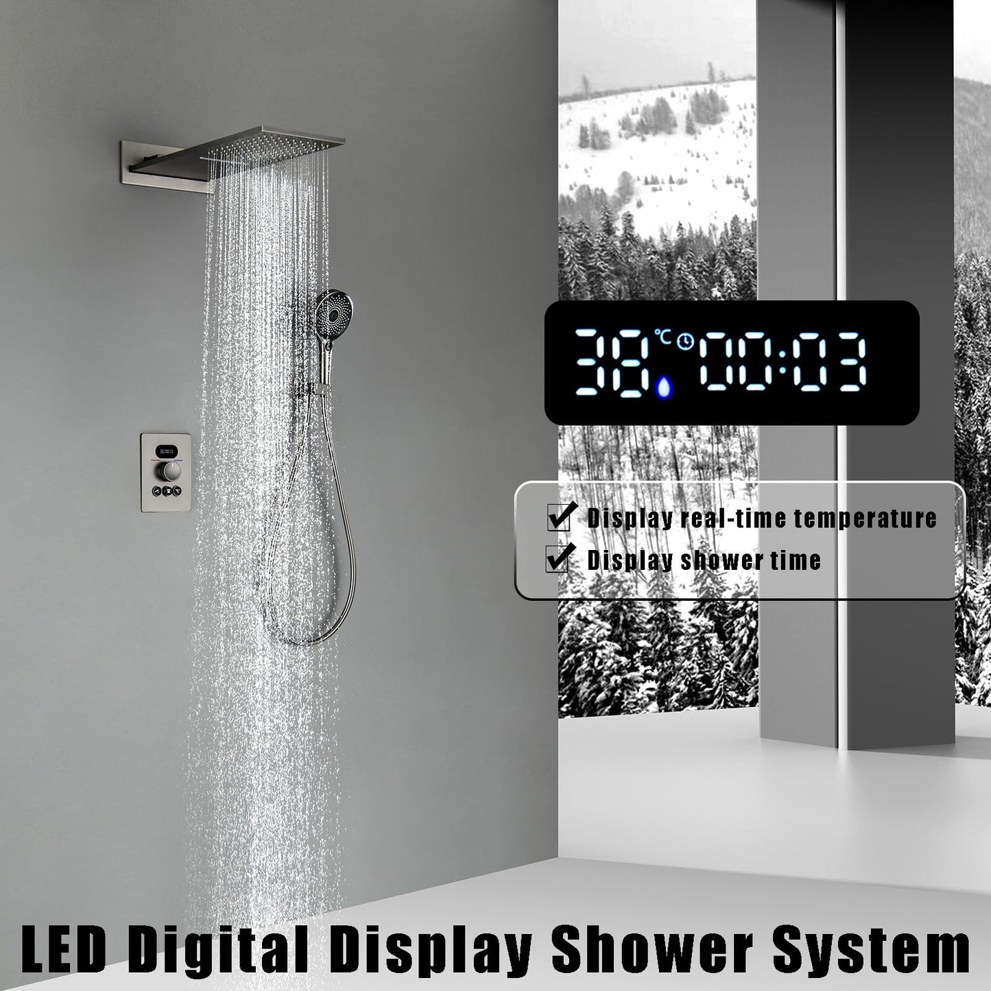 OihPaw Colonne de Douche Thermostatique Douche Encastrable Affichage Numérique Colonne de Douche Encastrable Gris Pistolet Ensemble de Douche avec 3 Fonctions Pommeau de Douche