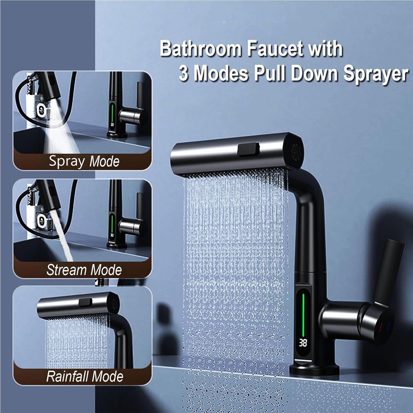 Robinet de Cuisine avec Douchette Extensible, Digital Affichage de la Température LED, Robinetterie Cuisine de Rotatif à 360°, 3 Modes Mitigeur d'Évier pour Lavabo Bains, Hauteur Réglable