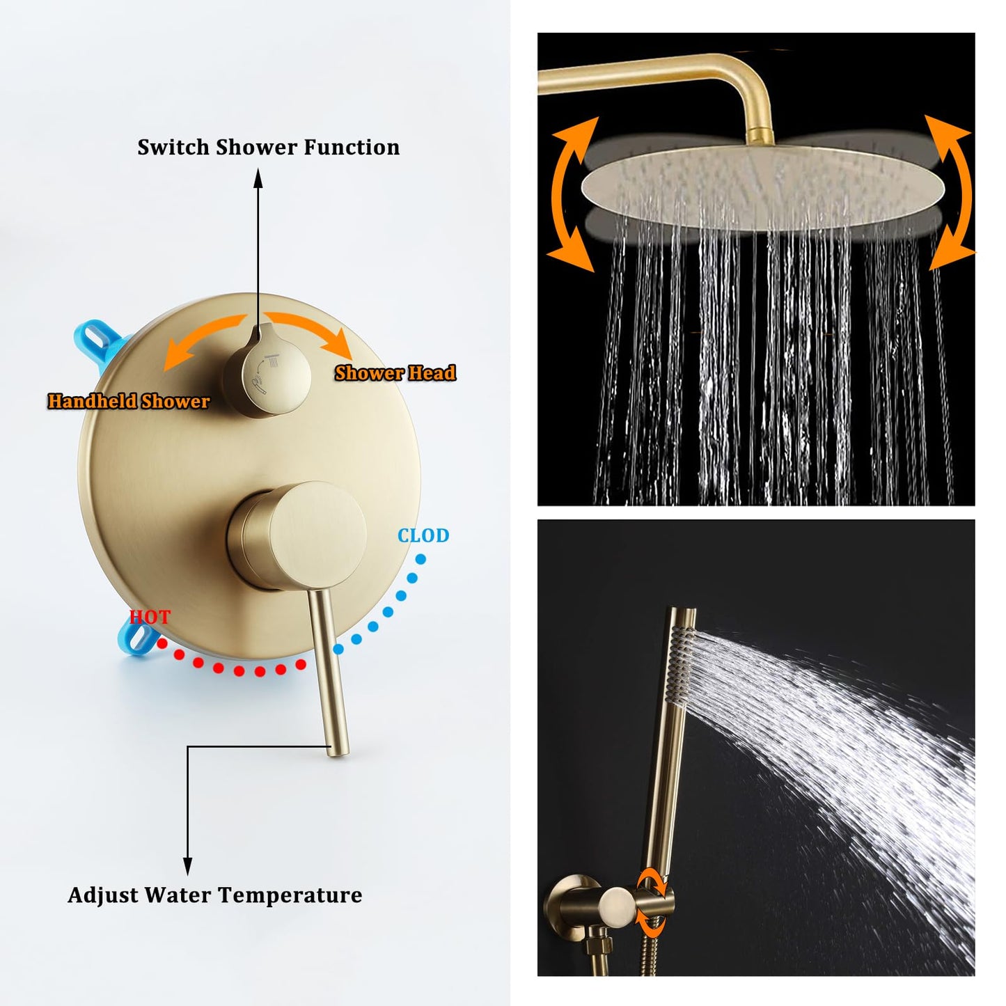 OihPaw Ensemble de Douche Encastrable Doré,Système de Douche À 2 Fonctions avec Pommeau de Douche Ronde 20CM et Douchette À Mains,Colonne De Douche Encastré pour Salle de Bains