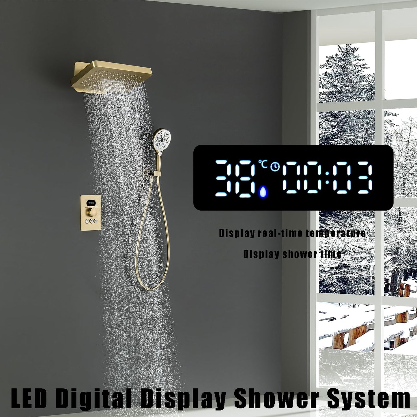 OihPaw Colonne de Douche Thermostatique Douche Encastrable Affichage Numérique Colonne de Douche Encastrable Or Brossé Ensemble de Douche avec Pommeau de Douche,Douchette