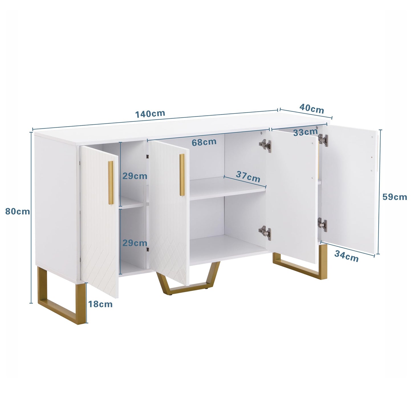 Peiaw Buffet,Meuble de Cuisine Rangement,Blanc bahut,Buffet 4 Portes, Armoire de Cuisine, Buffet avec poignées et Pieds en métal, 140 x 40 x 80 cm, adapté pour Chambre, Salon, Balcon, Bureau.