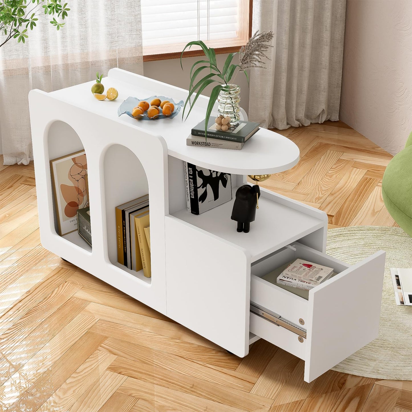 Peiaw Buffet,Meuble de Rangement,Commode,Compartiment Ouvert,Buffet Blanc,82 x 30 x 53 cm Armoire latérale Design en Arc,Convient aux Restaurants, Chambres, balcons, Bureaux