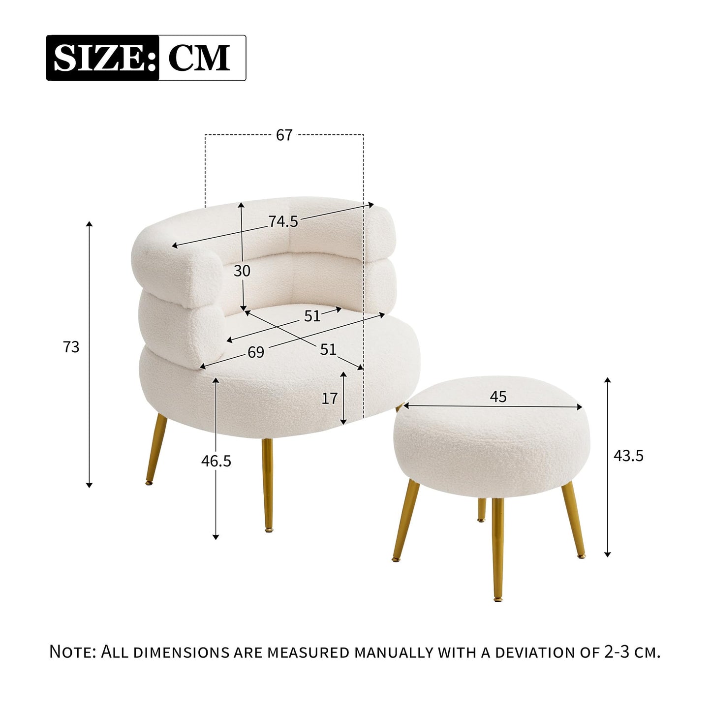 SHUGUANG Blanc Fauteuil Teddy, Lazy Chaise avec Repose Pied, Fauteuil Salon Avoir 69 cm Assise, 17 cm Coussin D'Épaisseur, Charge 100 kg, Fauteuil Chambre en Vigueur Chambre à Coucher, Salon, Dortoir