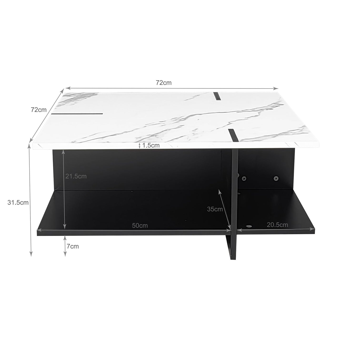 Peiaw Table Basse,Table Basse Blanche et Noire,Table Basse carrée,Table Basse Aspect marbre Blanc,Table Basse Moderne et Minimaliste,Quatre Compartiments de Rangement Ouverts,Table Basse 72x72x32cm