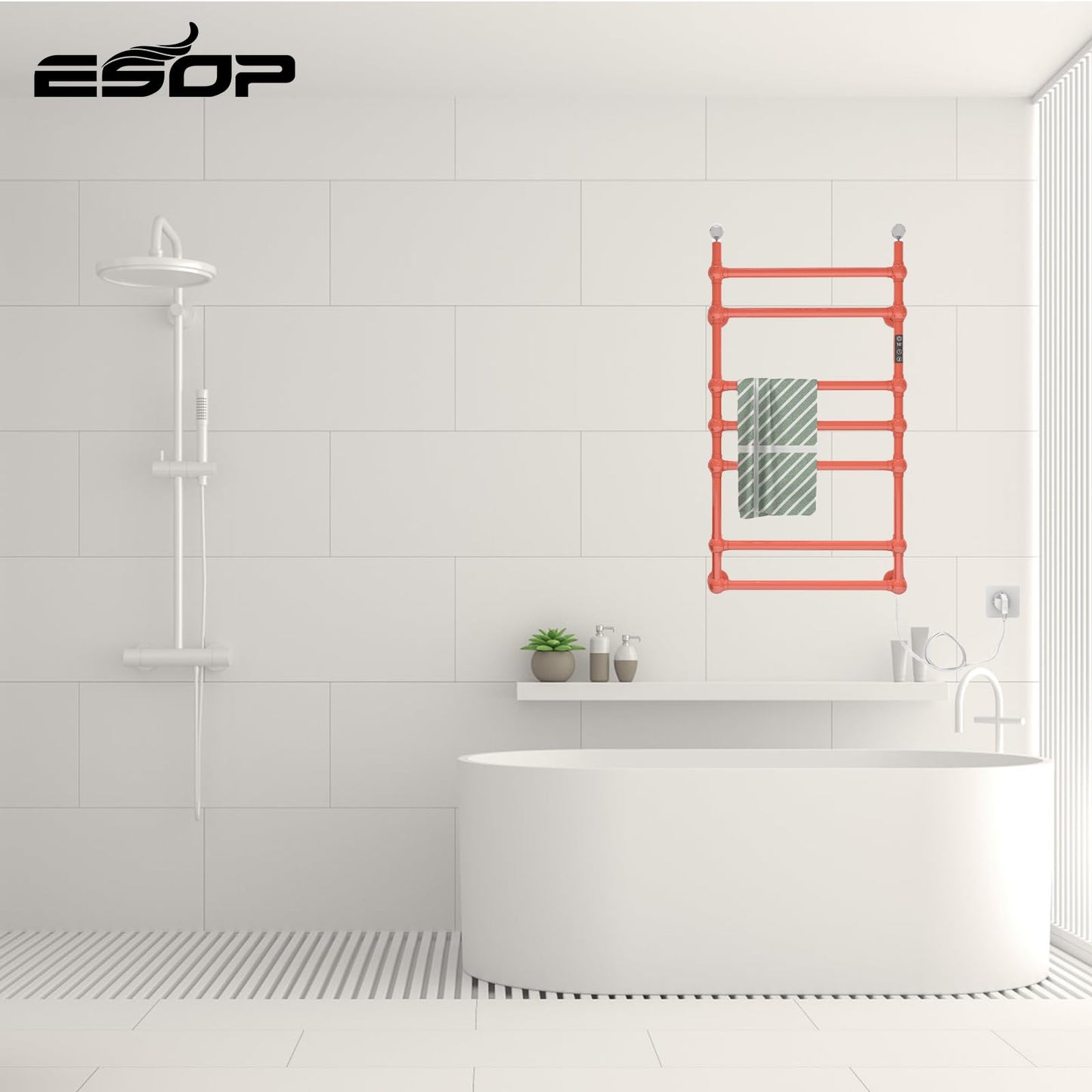 Sèche Serviettes Électrique WiFi 100W, 850 * 600mm Chauffe-Serviettes Mural avec 7 Barres Chauffant, Thermostatique Radiateur Porte-Serviettes de Salle Bain avec Thermostat et Minuterie, Orange