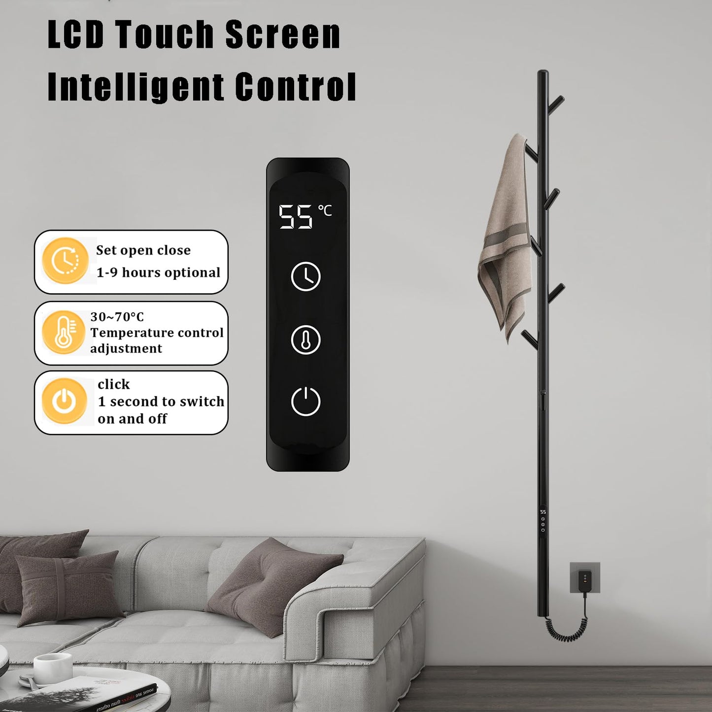 OihPaw Sèche-serviette électrique Noir Affichage Numérique 110 W Porte-Serviettes Chauffant Électrique 1500 mm Acier Inoxydable Thermostat Radiateur de Salle de Bain