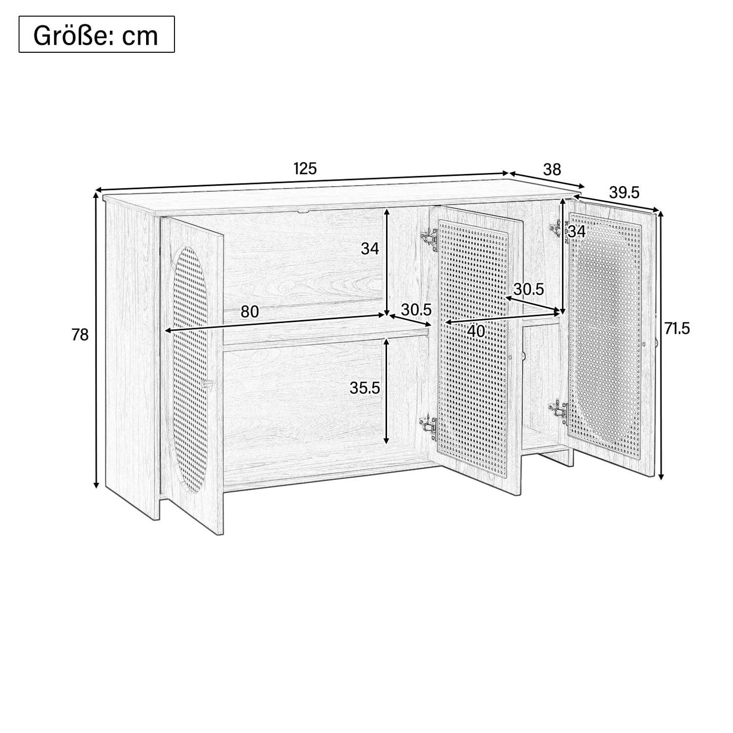 Buffet Cuisine de Style Bohème Bahut avec 3 Portes, Grand Espace de Rangement, Portes en Rotin Artificiel et Poignées en Métal, Meuble D'appoint Moderne pour Salle à Manger, Salon et Entrée (Noyer)